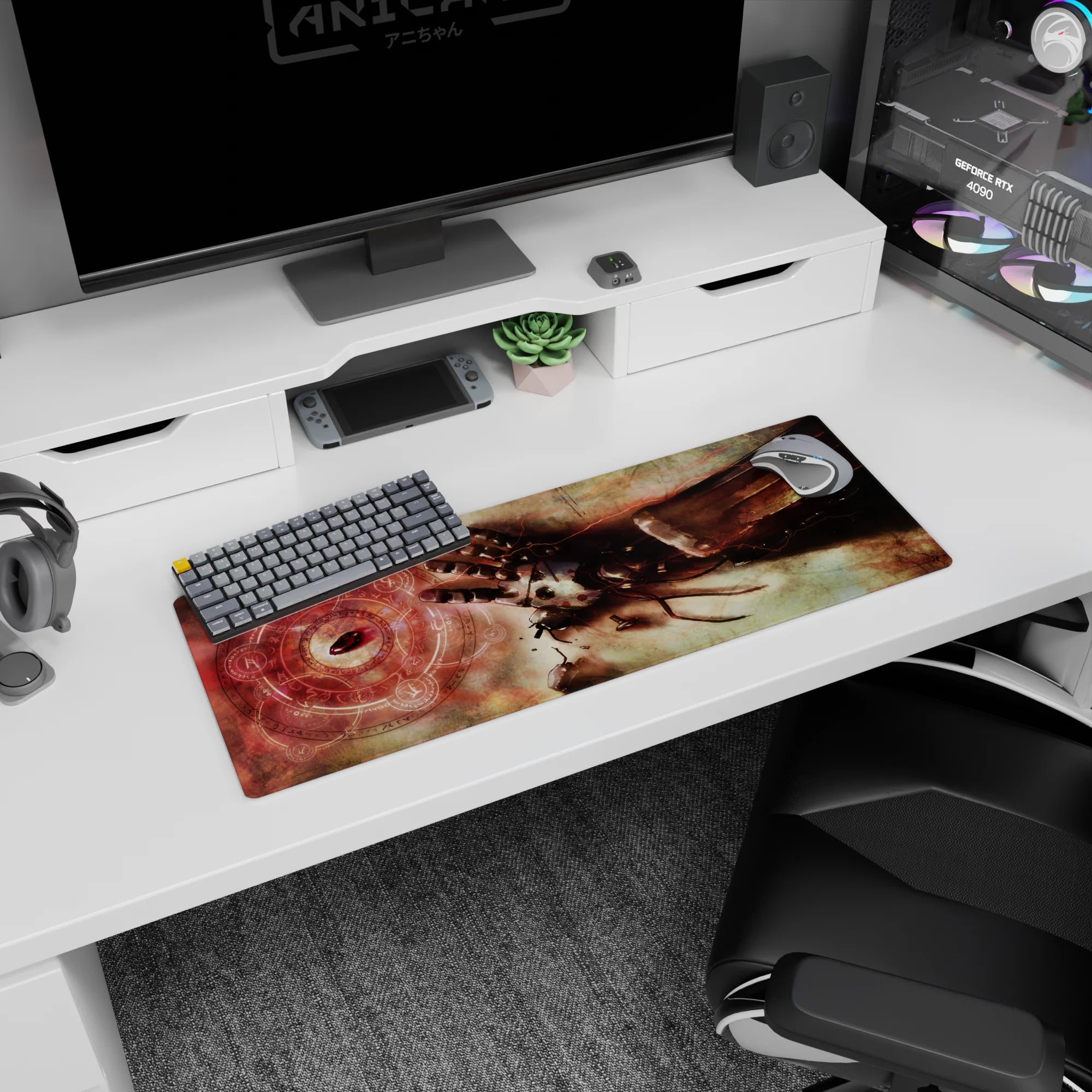 32x12 inches anime mouse pad showing a broken metal hand reaching through a smoky sky toward a red stone.