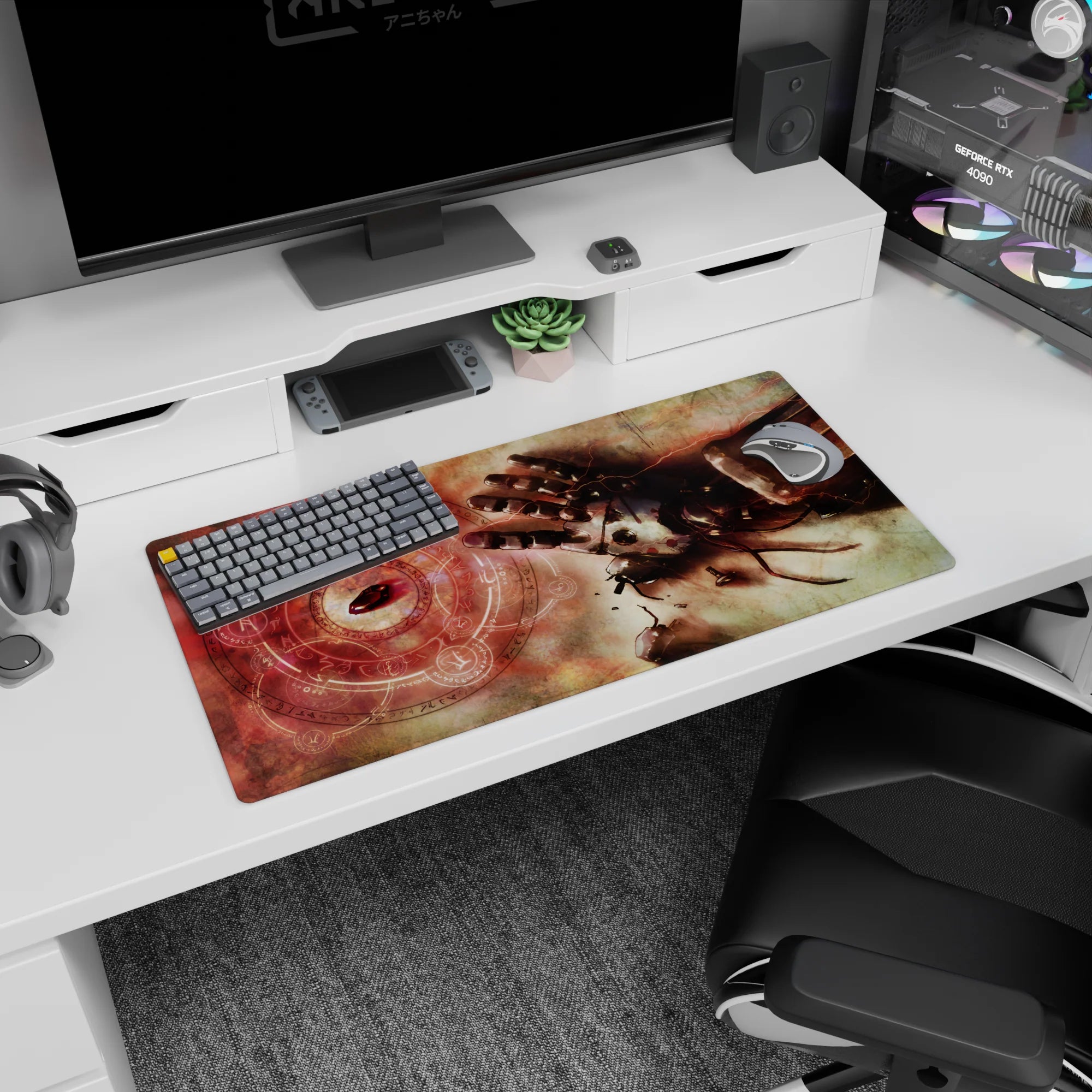 32x16 inches anime mouse pad showing a broken metal hand reaching for a red stone inside rune circles.