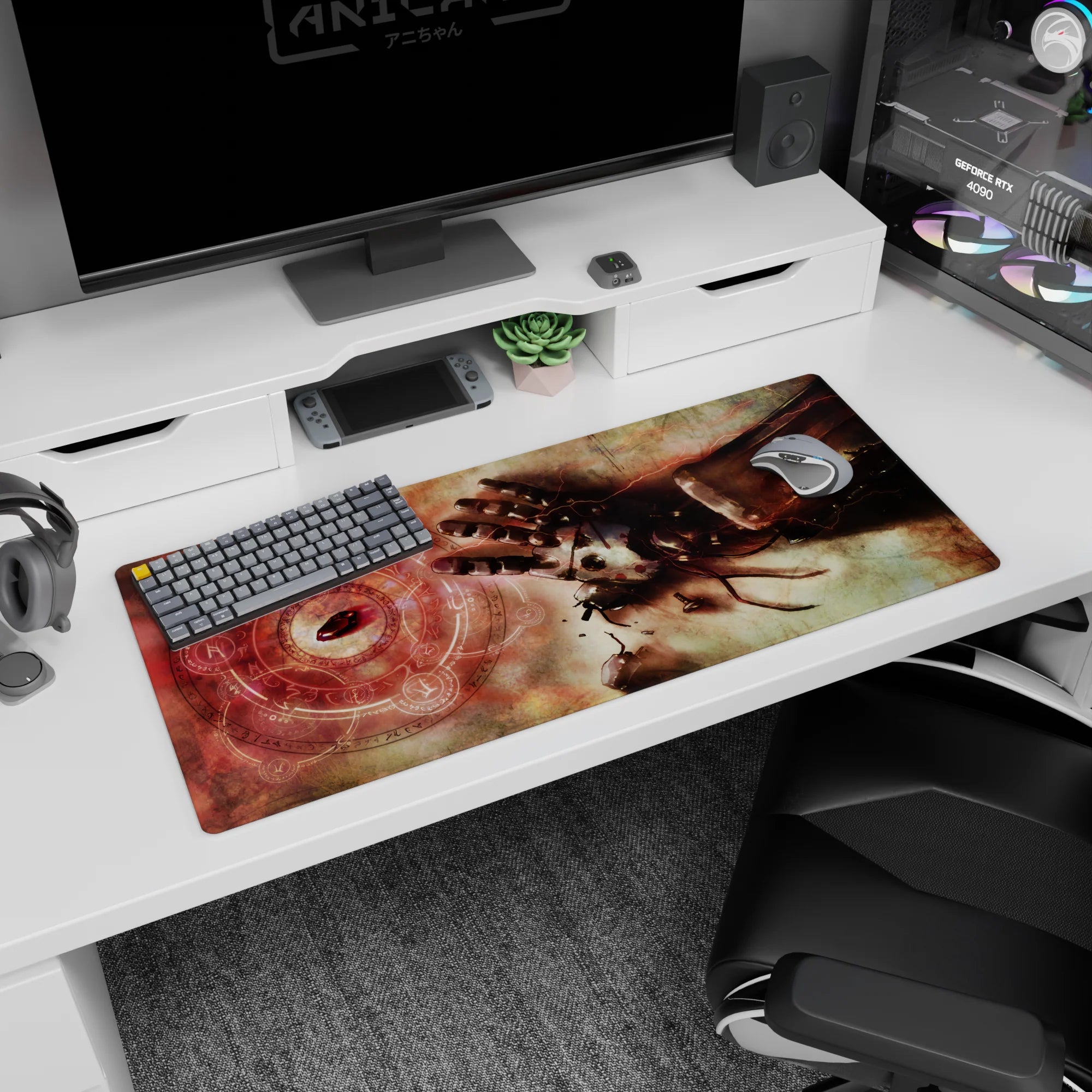 36x16 inches Fullmetal Alchemist desk pad showing automail hand reaching toward a crimson transmutation circle.