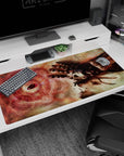 Metal hand reaching through smoky sky toward a red stone, anime desk pad 40x20 inches with rune circles.