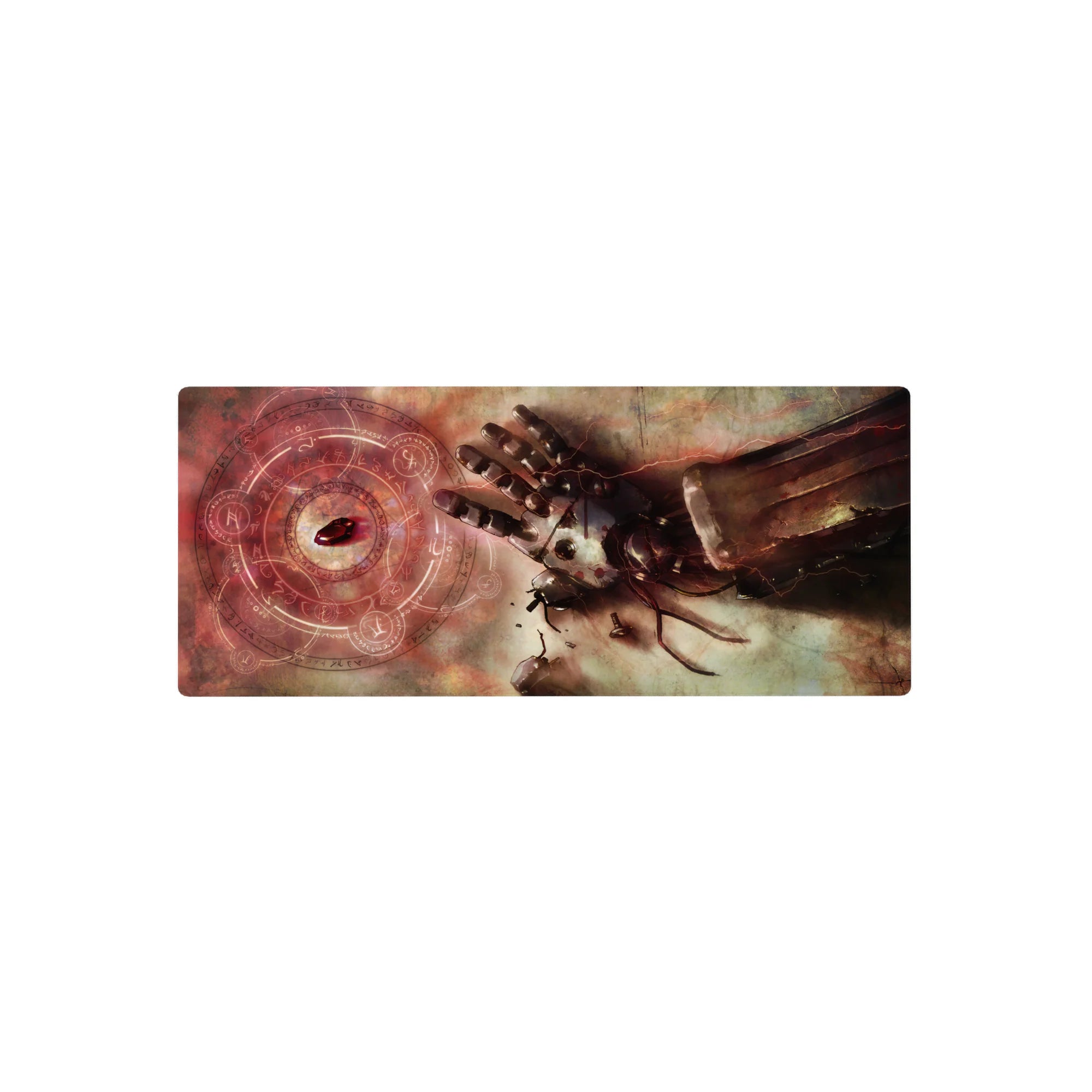 28x12 inches anime mouse pad with shattered metal hand, alchemy circles, and red rune stone design.