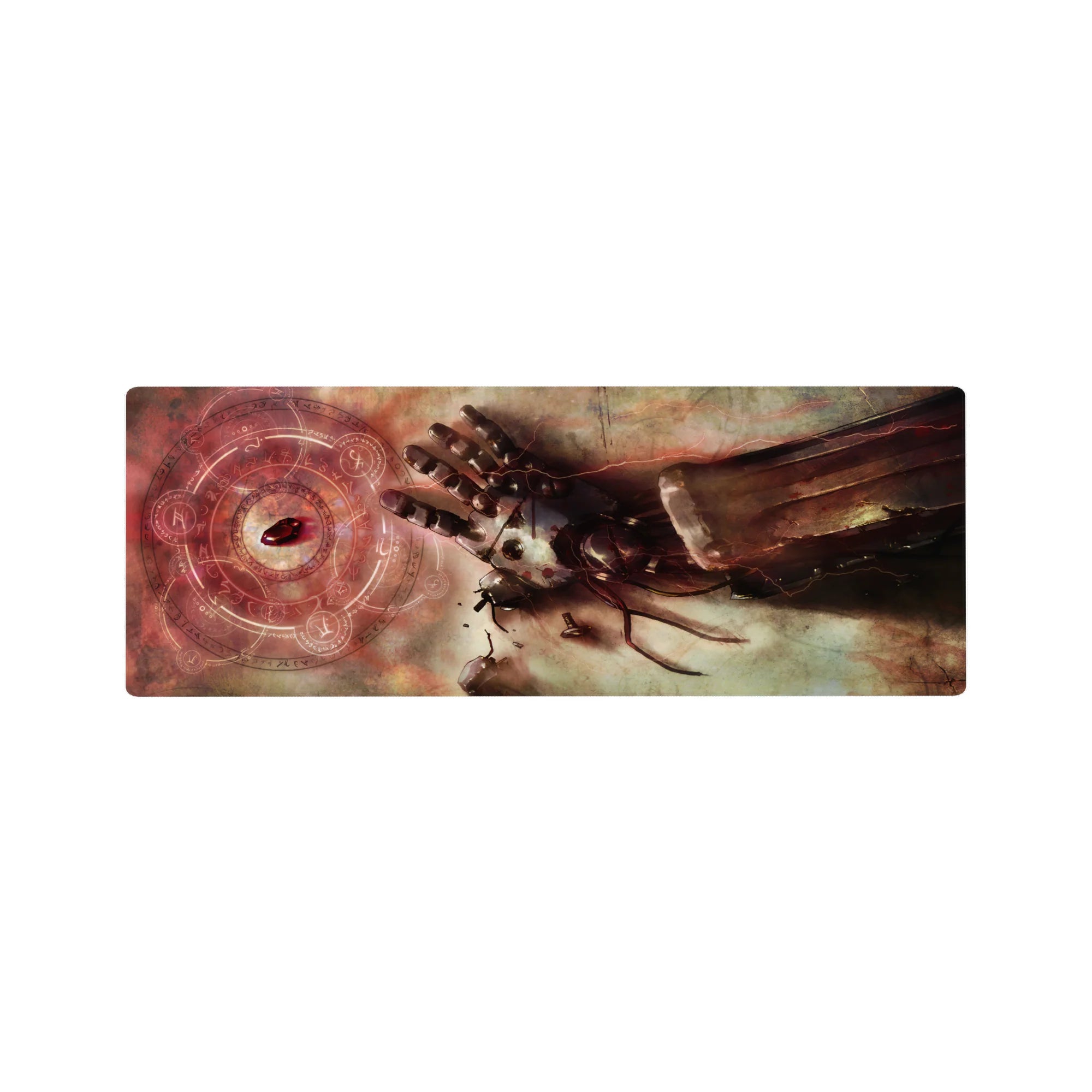 32x12 inches anime mouse pad with shattered metal hand, crimson alchemy circles, and red rune stone.
