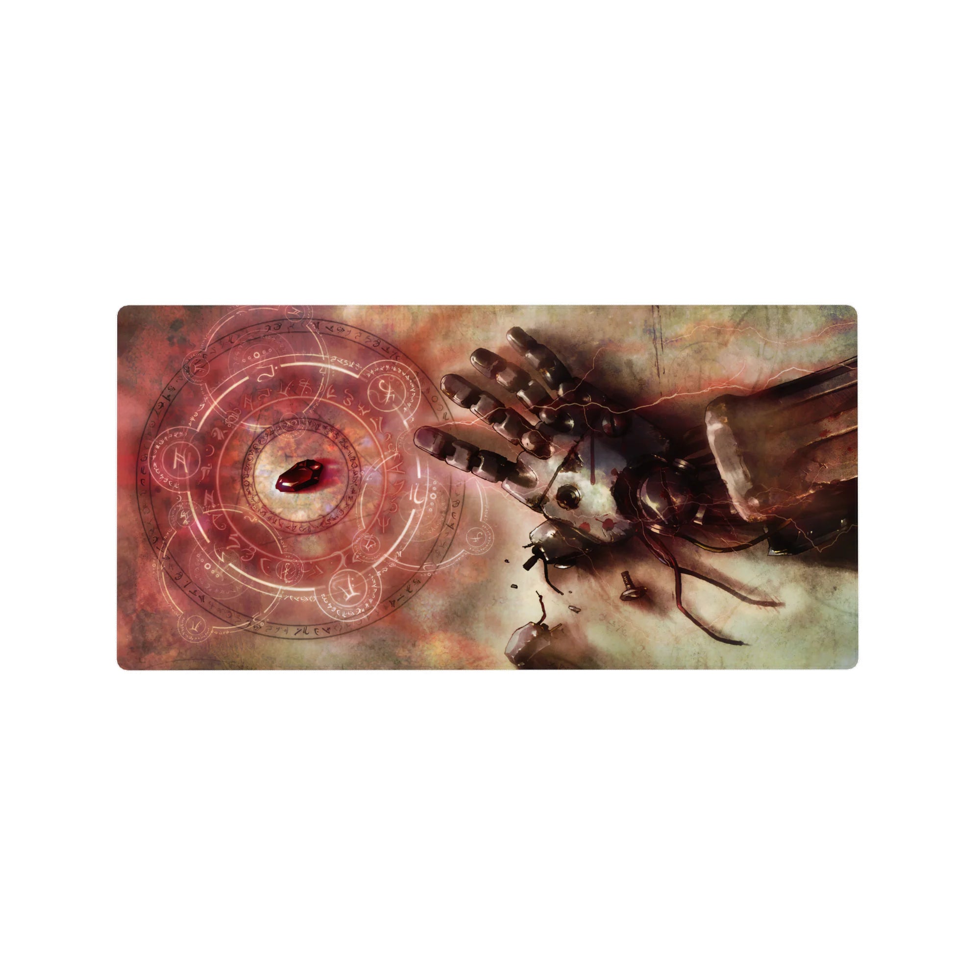 32x16 inches anime mouse pad with shattered metal hand, bolts and wires, and crimson alchemy circles.