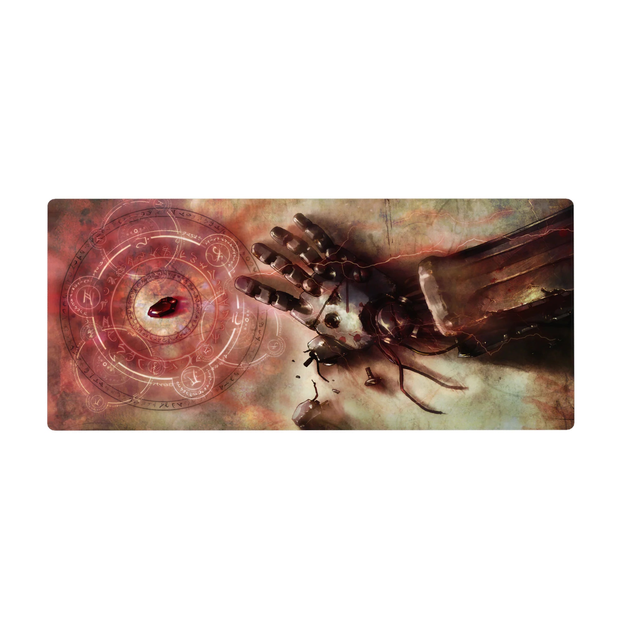 36x16 inches anime desk pad with shattered metal hand, rune alchemy circles, and red philosopher stone.