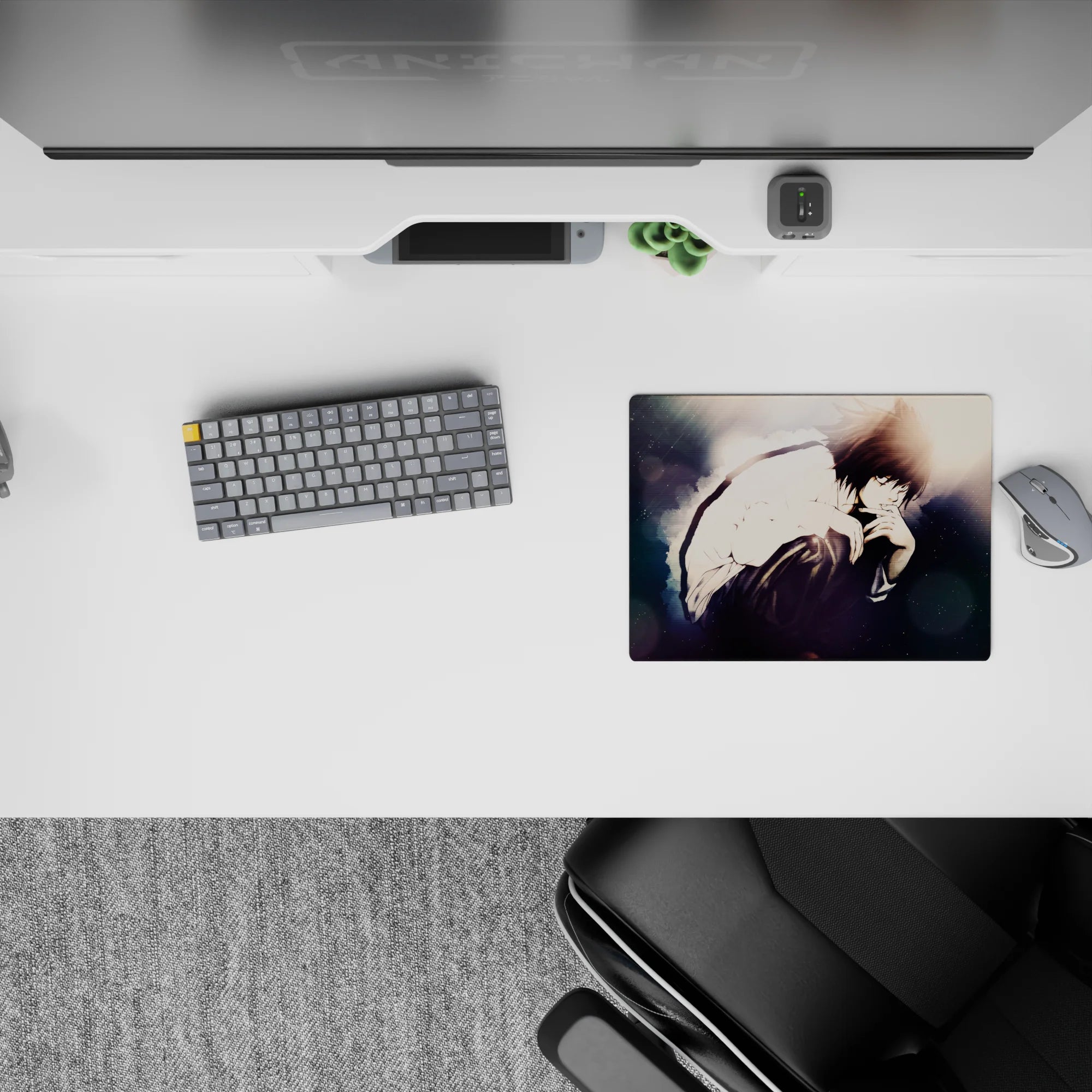 Classic anime mouse pad 14x10 inches in smoky blues and charcoal shadows with soft bokeh, late-night mood.