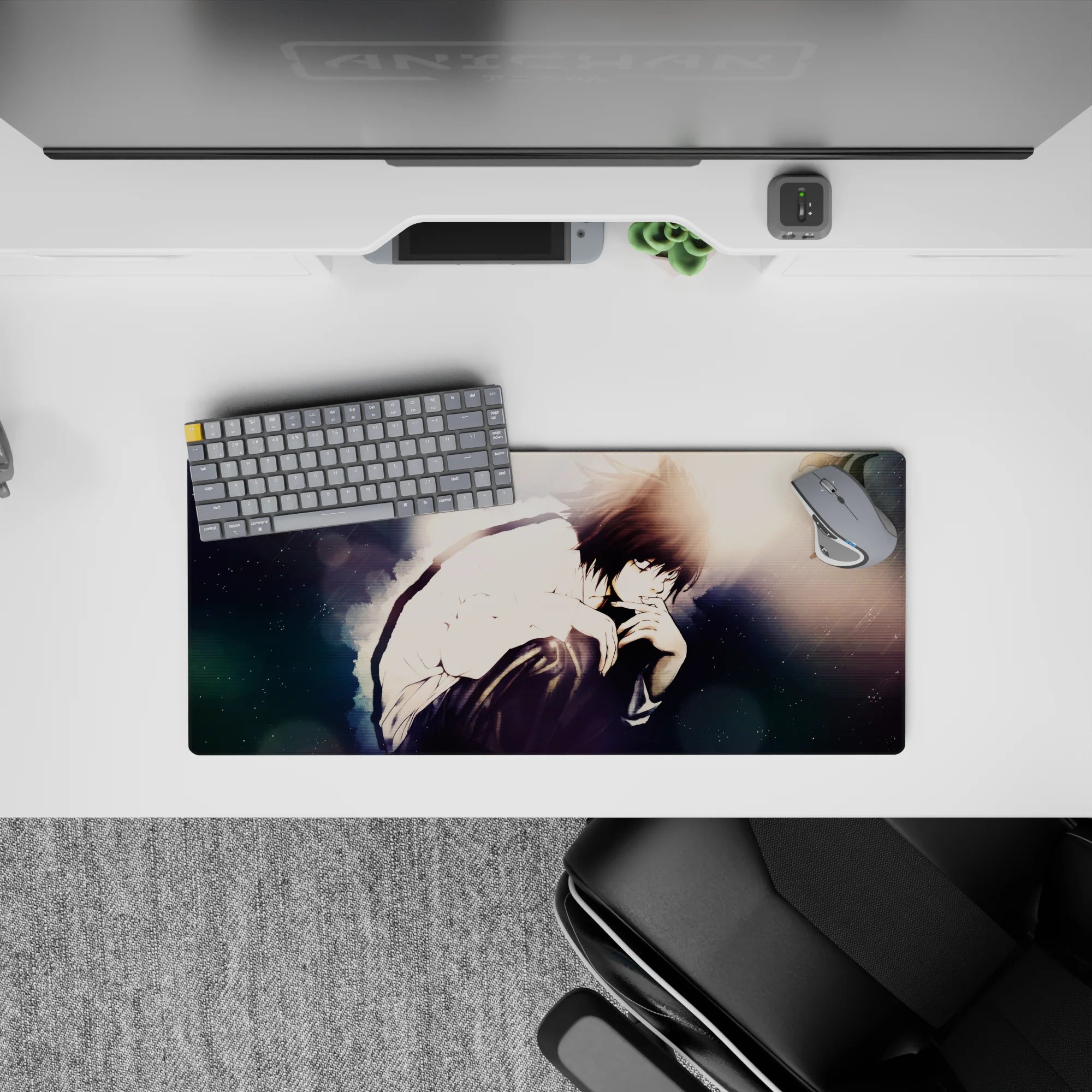 28x12 inches anime mouse pad in smoky blues and charcoal shadows with soft bokeh, late-night calm mood.