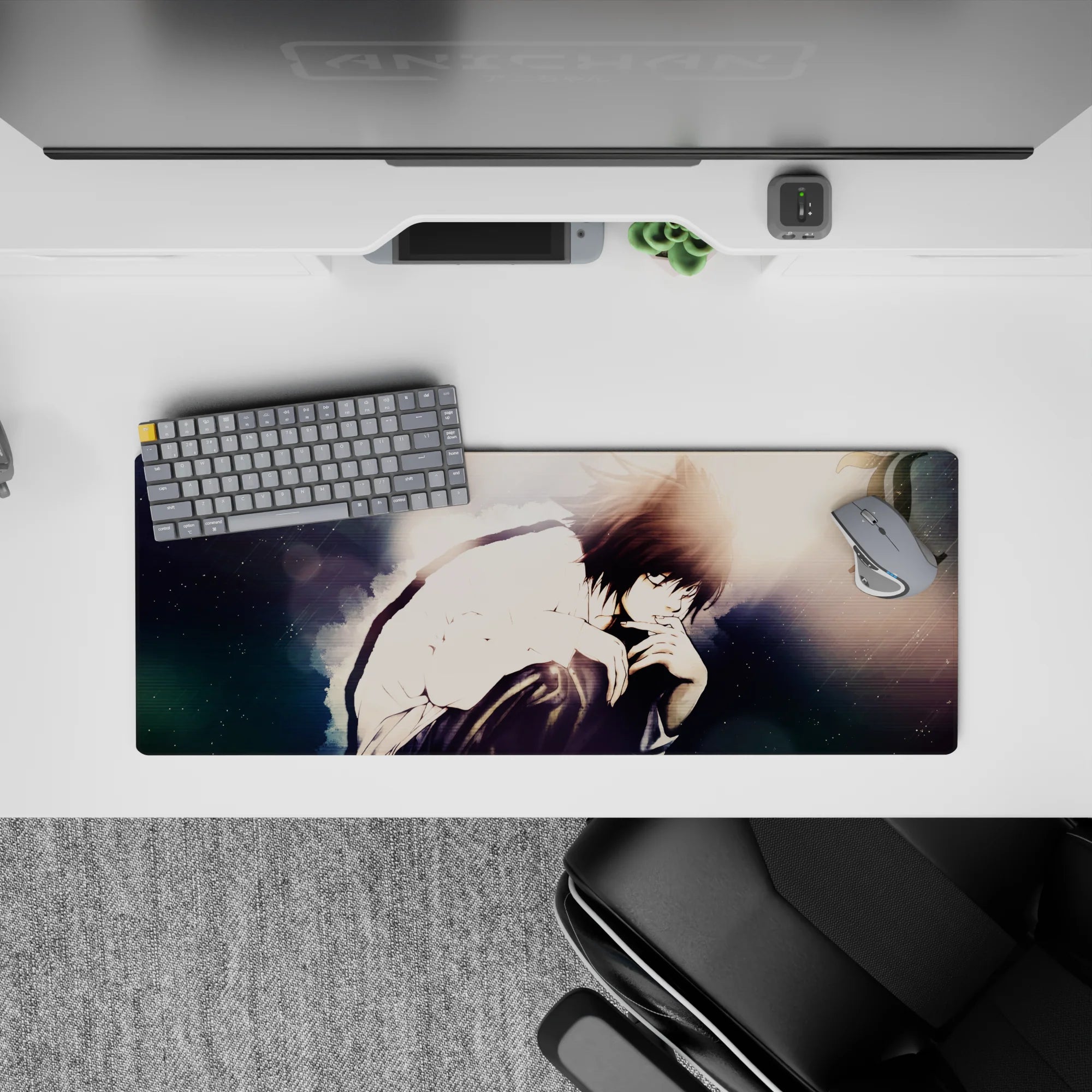 32x12 inches anime mouse pad in smoky blues and charcoal shadows, soft light and bokeh for a quiet mood.