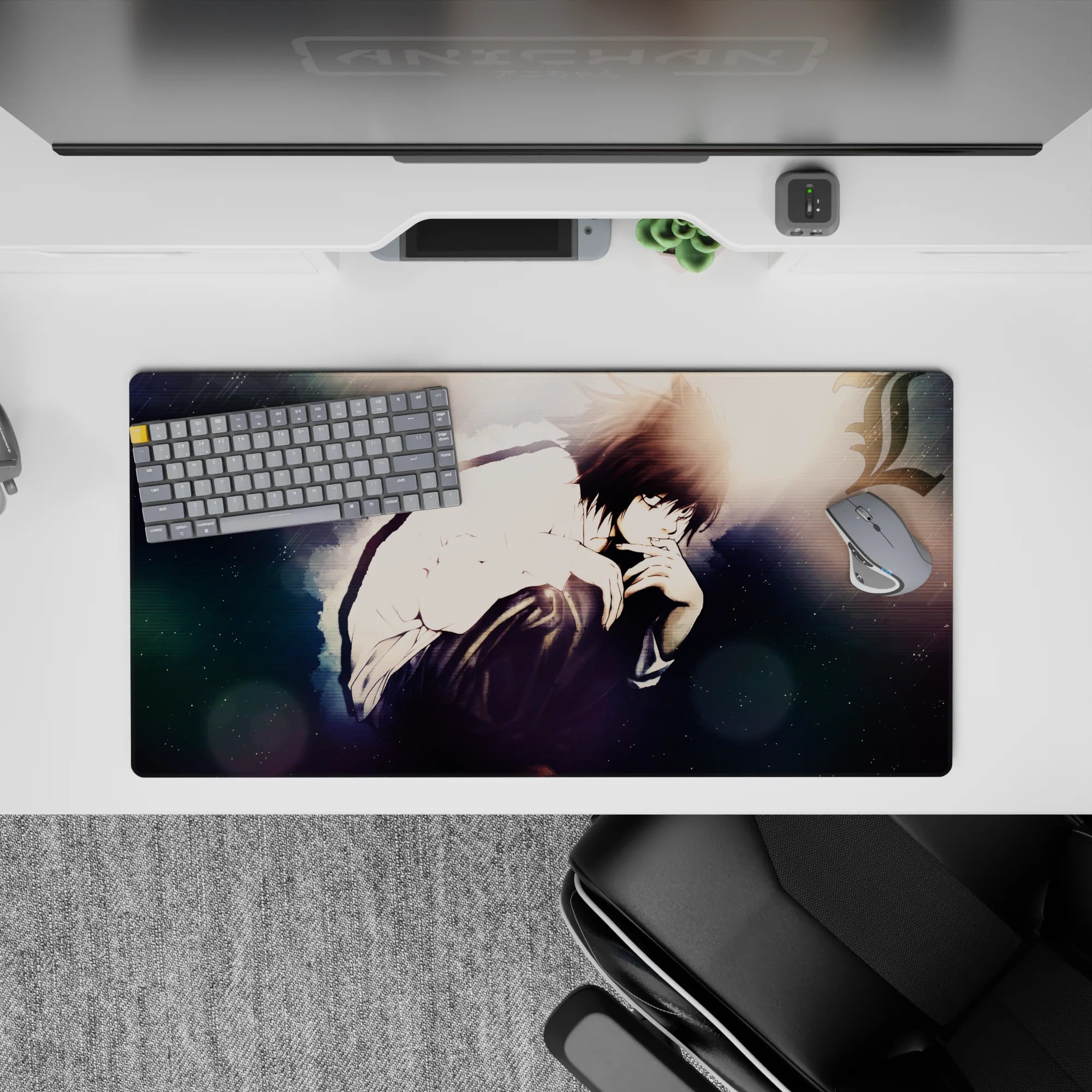 32x16 inches anime mouse pad in smoky blues and charcoal shadows with soft light and dreamy bokeh mood.