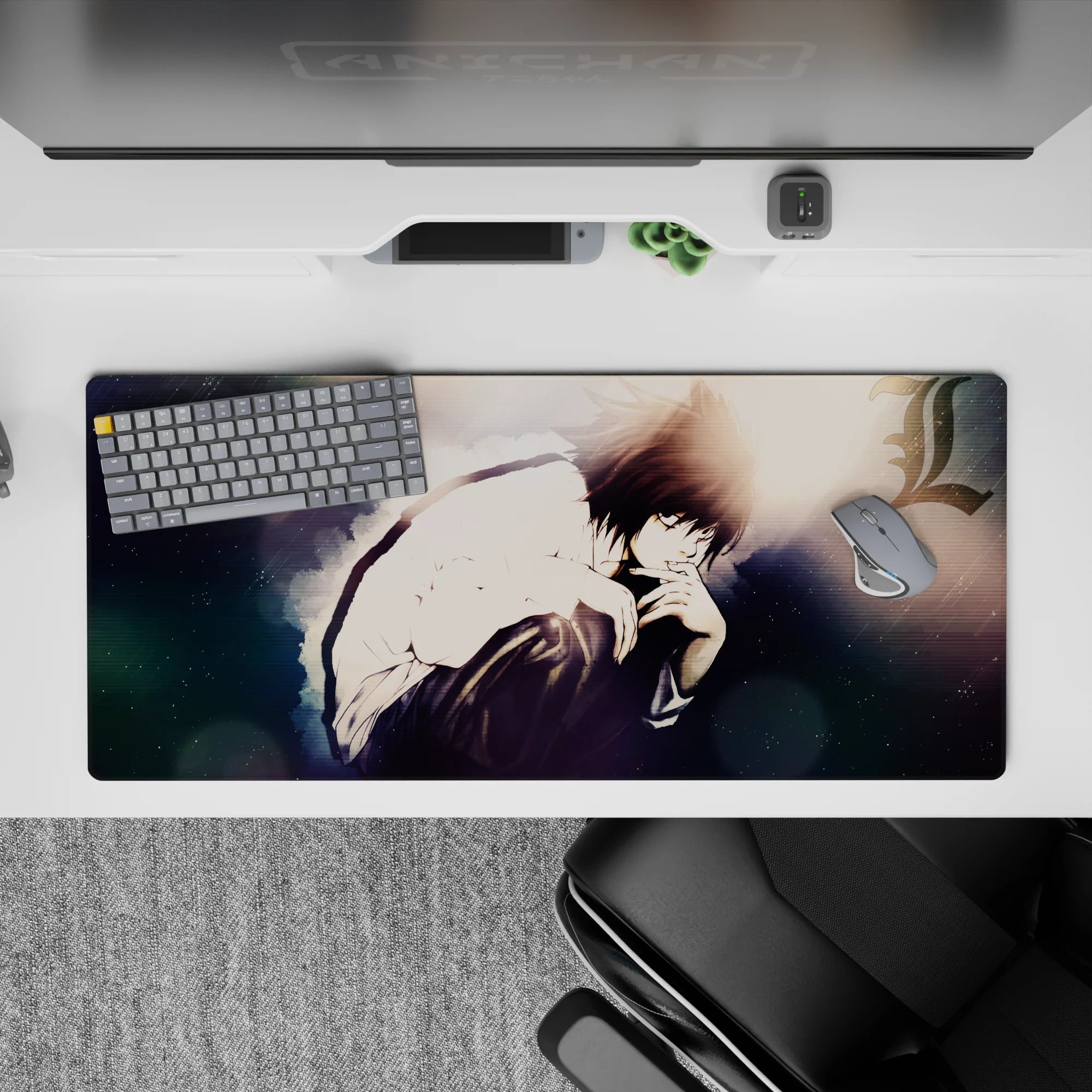 Moody 36x16 inches anime desk pad in smoky blues and charcoal shadows with soft bokeh night glow.