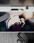 Moody blue-gray anime desk pad 40x20 inches with soft bokeh lights and quiet late-night atmosphere.