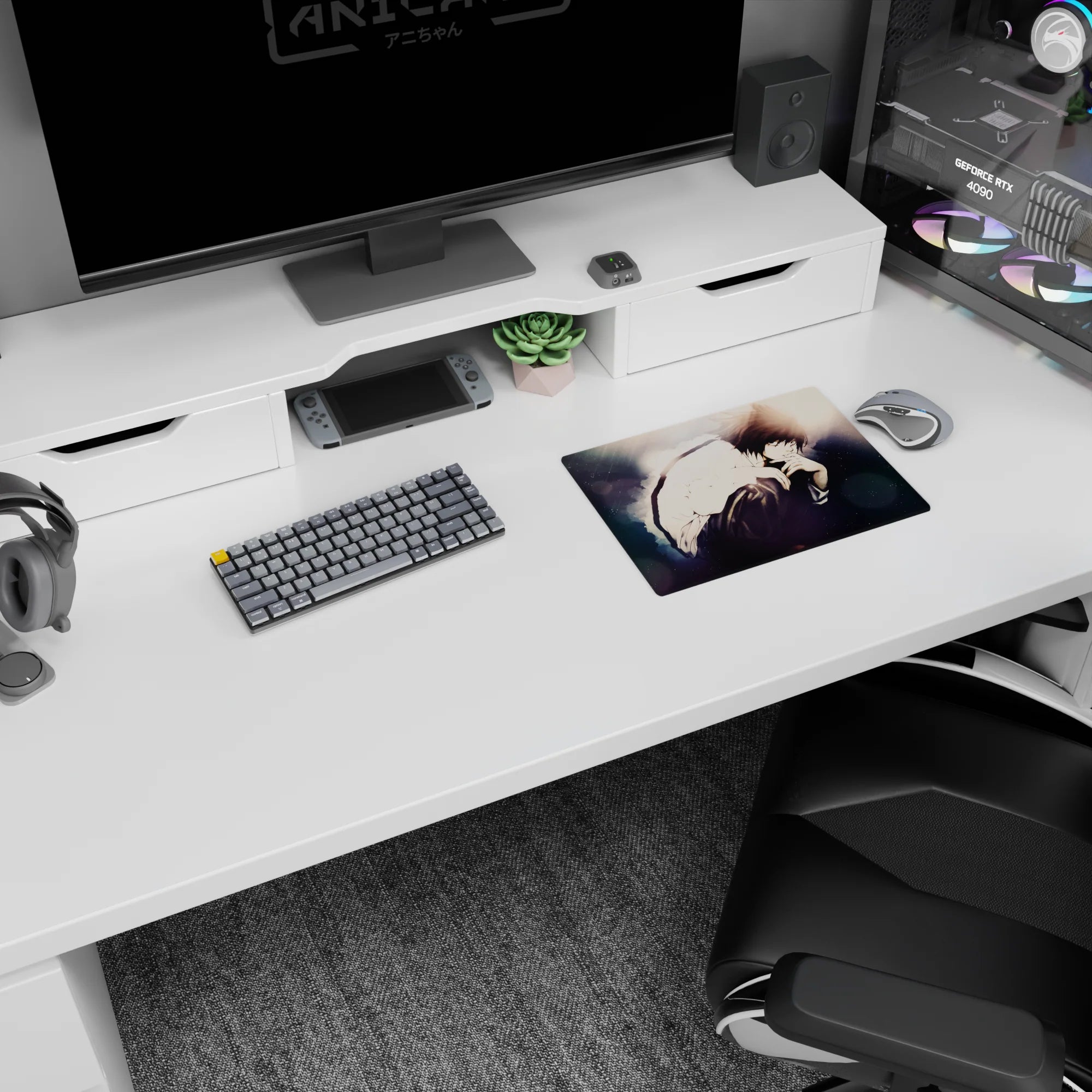 Classic anime mouse pad 14x10 inches showing brooding boy in loose white shirt, knees up, hand near lips.