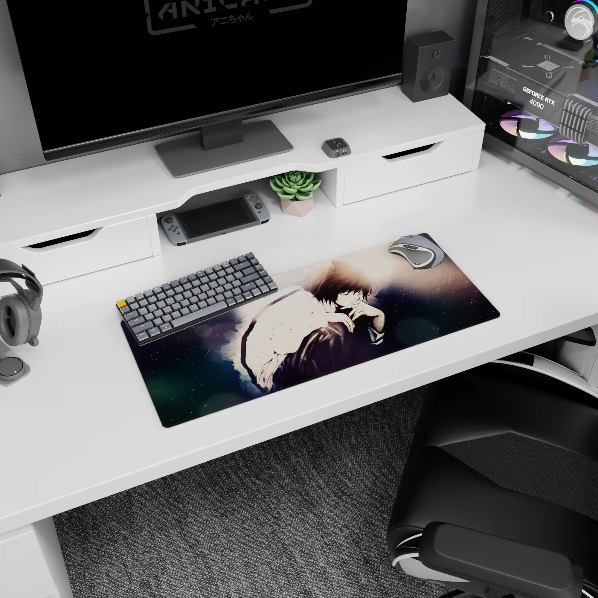 28x12 inches anime mouse pad showing a brooding boy in a loose white shirt, knees hugged close, hand near lips.
