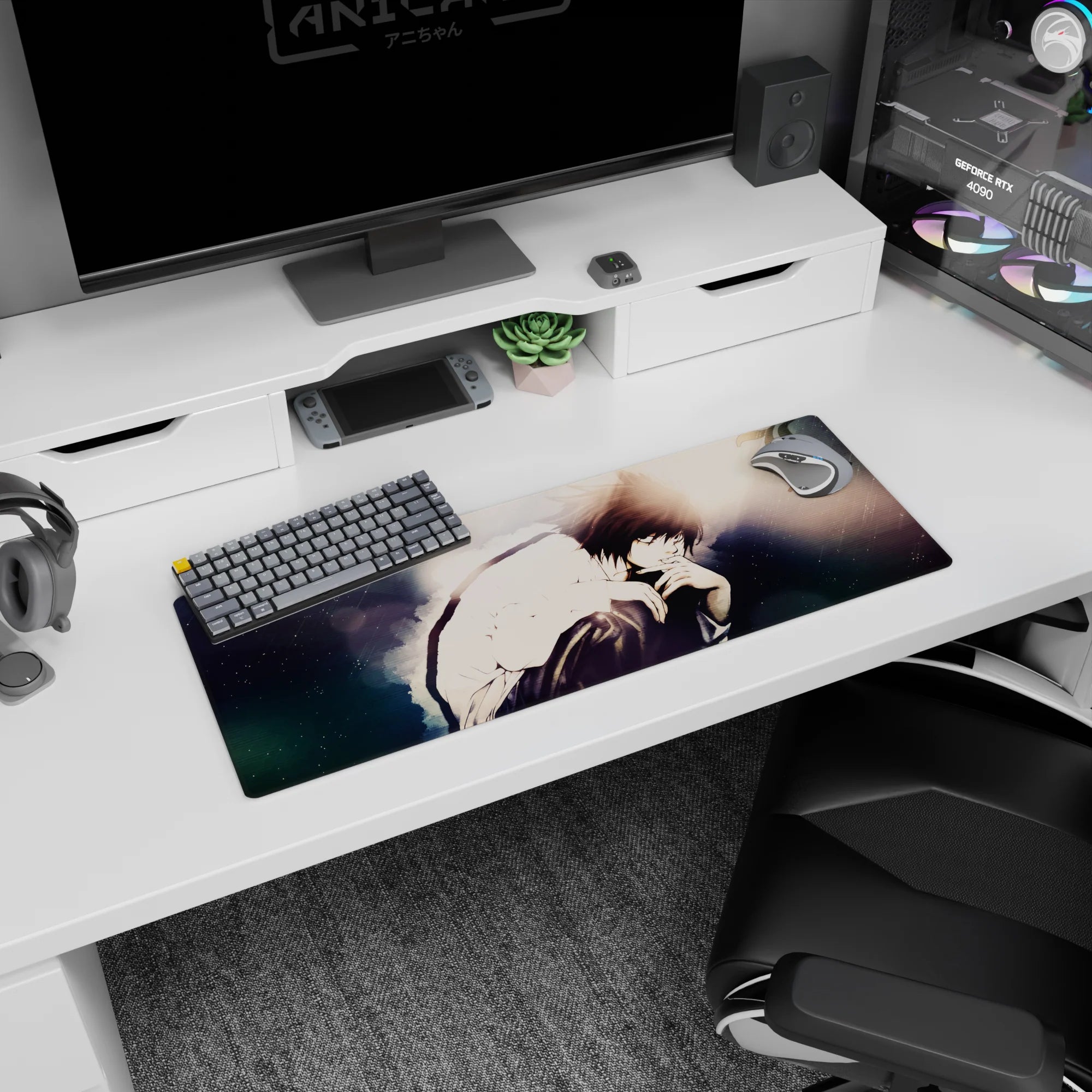 32x12 inches anime mouse pad showing a brooding boy in a loose white shirt, knees up, hand near lips.
