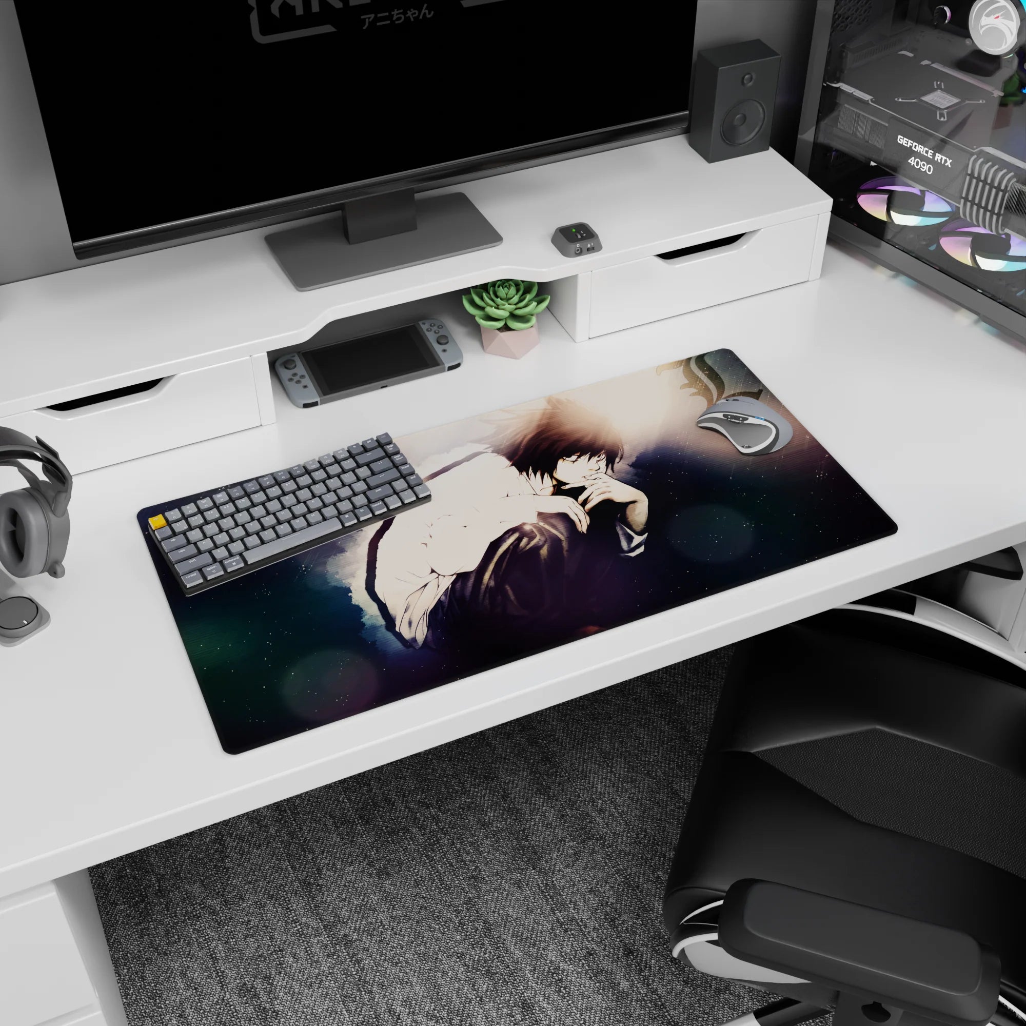32x16 inches anime mouse pad showing a brooding boy in a loose white shirt, knees up, hand near lips.