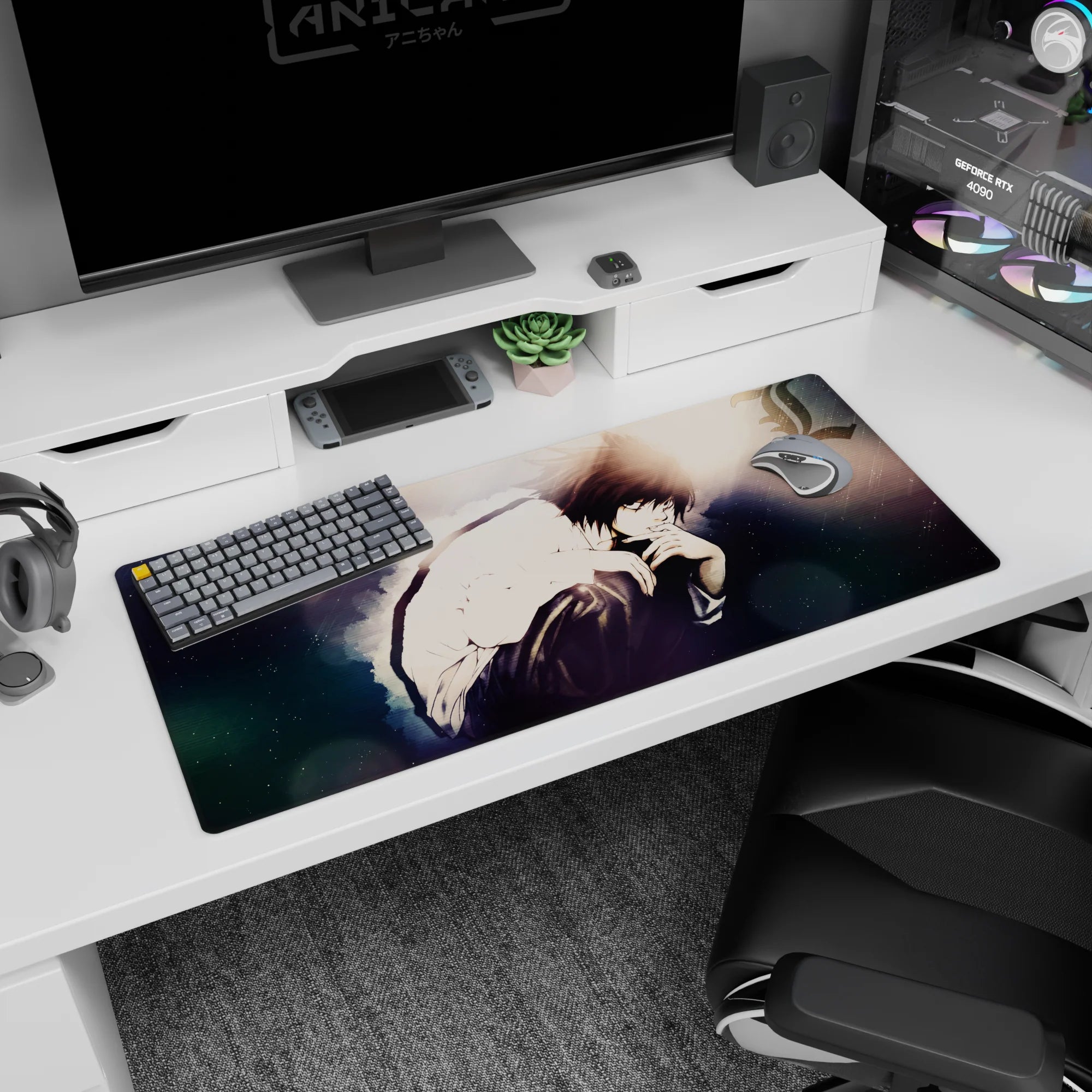 36x16 inches anime desk pad showing brooding boy in white shirt, knees hugged close, hand near lips.
