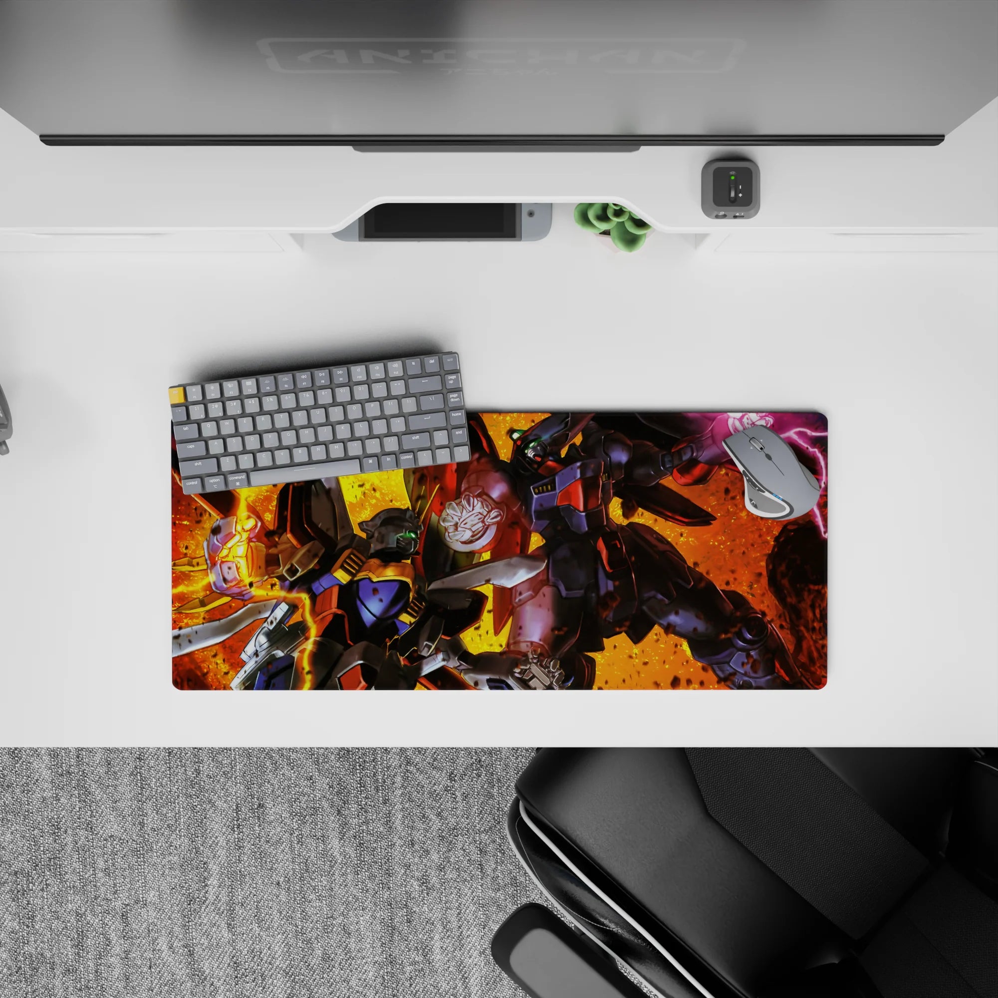 28x12 inches anime mouse pad in hot orange and gold with black steel greys and neon green eyes.