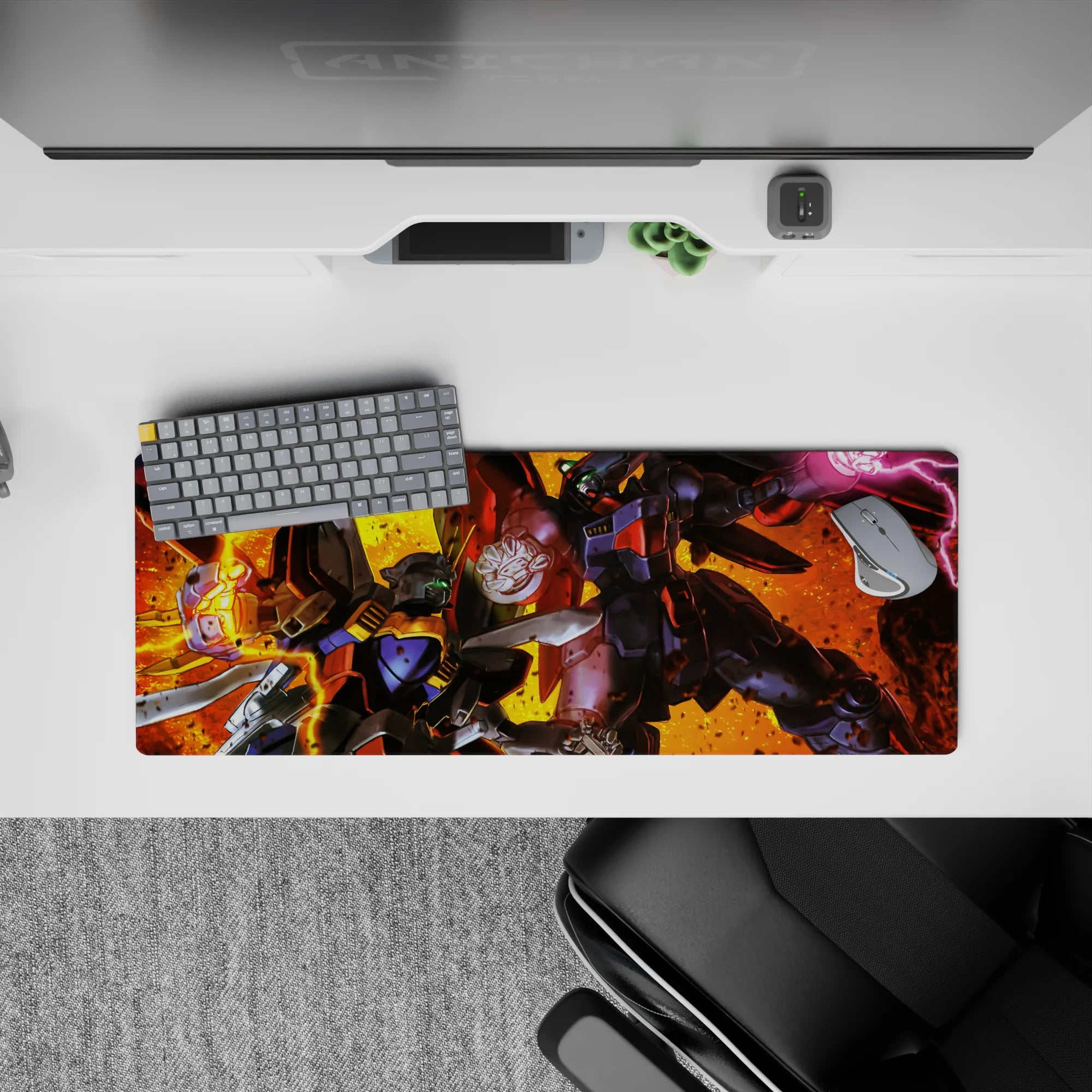 32x12 inches anime mouse pad in hot orange and gold with deep blacks, steel greys, neon green eyes.