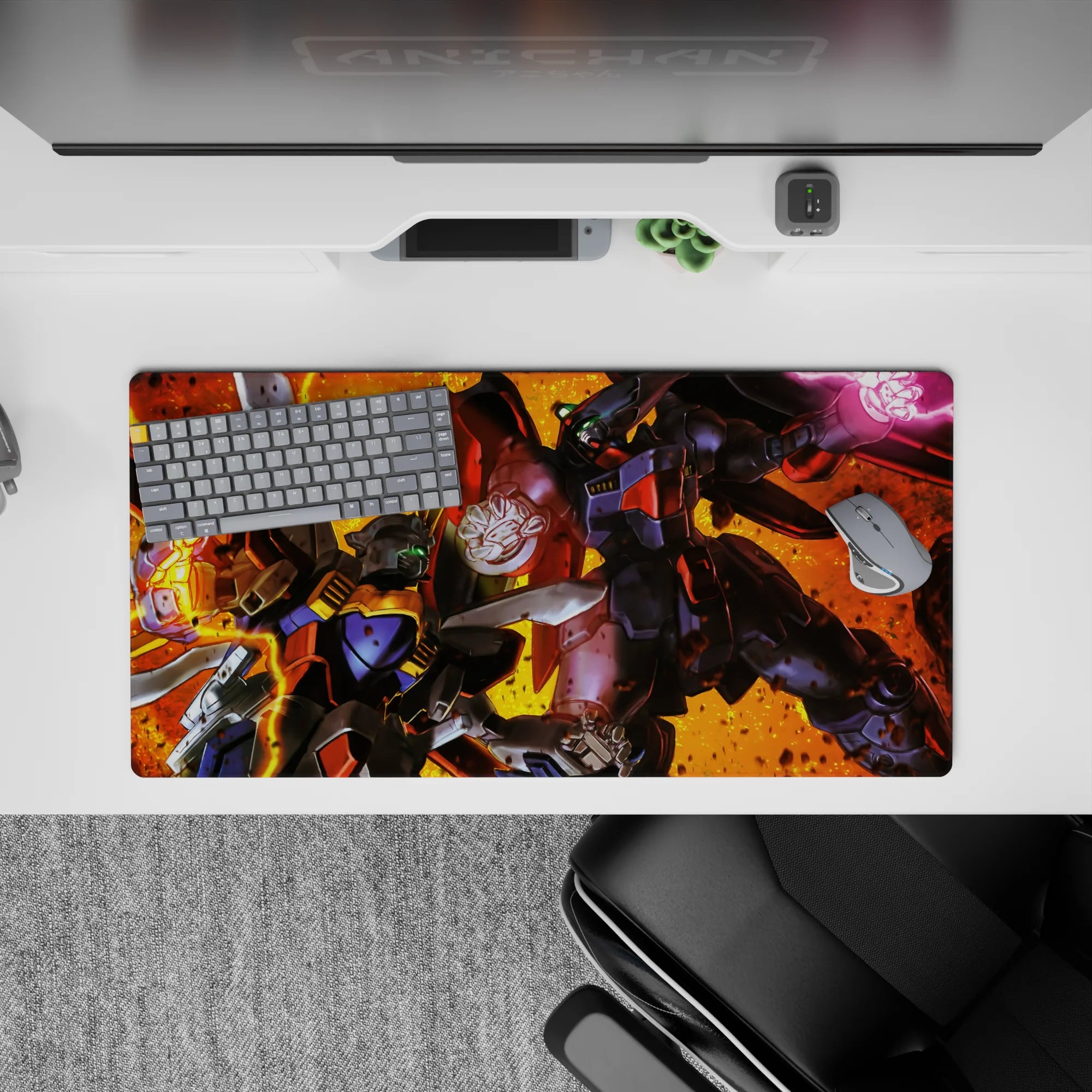 32x16 inches anime mouse pad in hot orange-gold flames with deep blacks, steel greys, and neon green eyes.