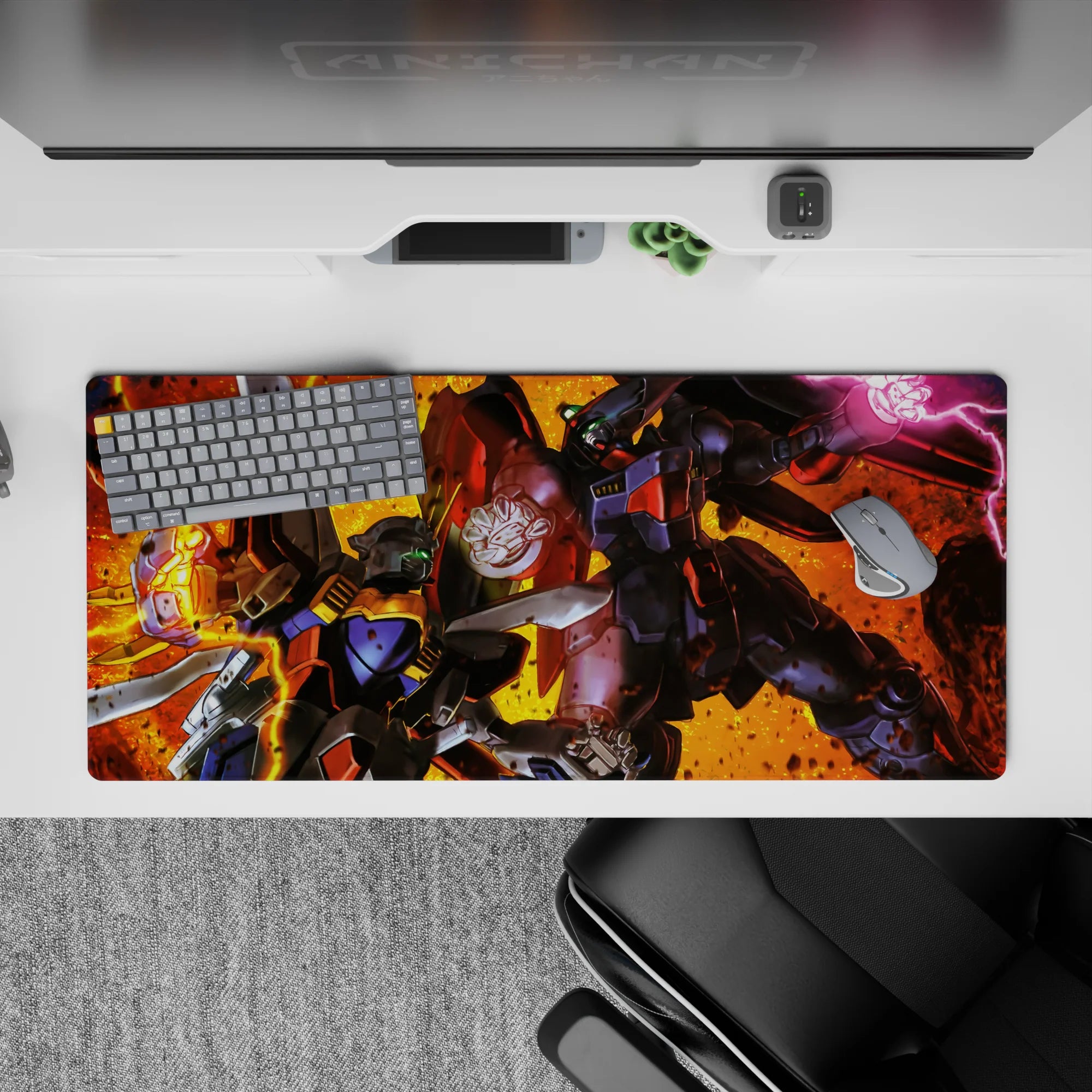 36x16 inches anime desk pad in hot orange-gold blaze, deep blacks, steel greys, neon green eyes.