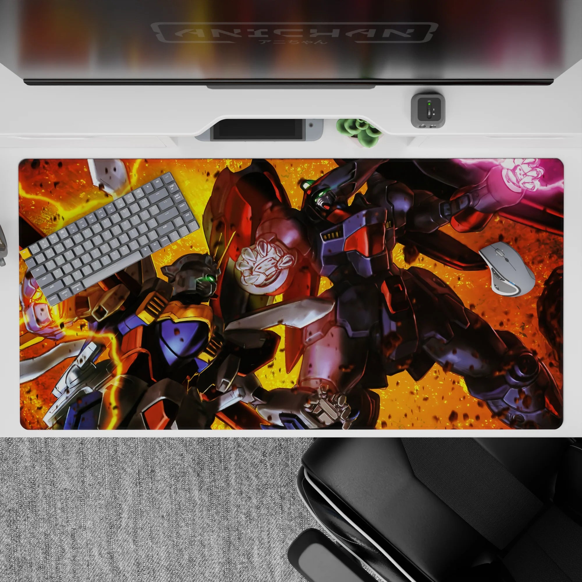 40x20 inches anime desk pad in hot orange-gold blaze, black steel greys, neon green eyes, chaotic energy.