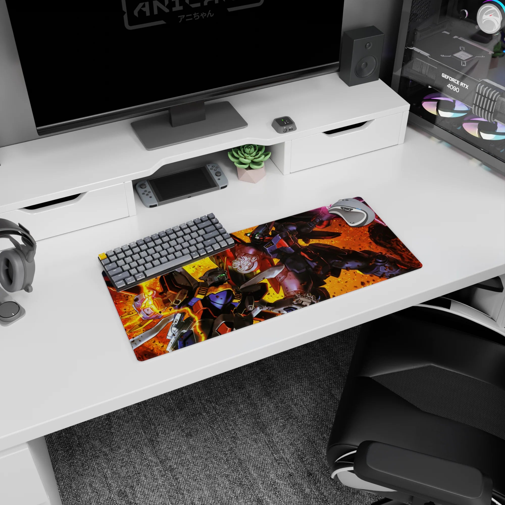 28x12 inches anime mouse pad showing Gundam Deathscythe vs Heavyarms, sparks flying in mid-impact.