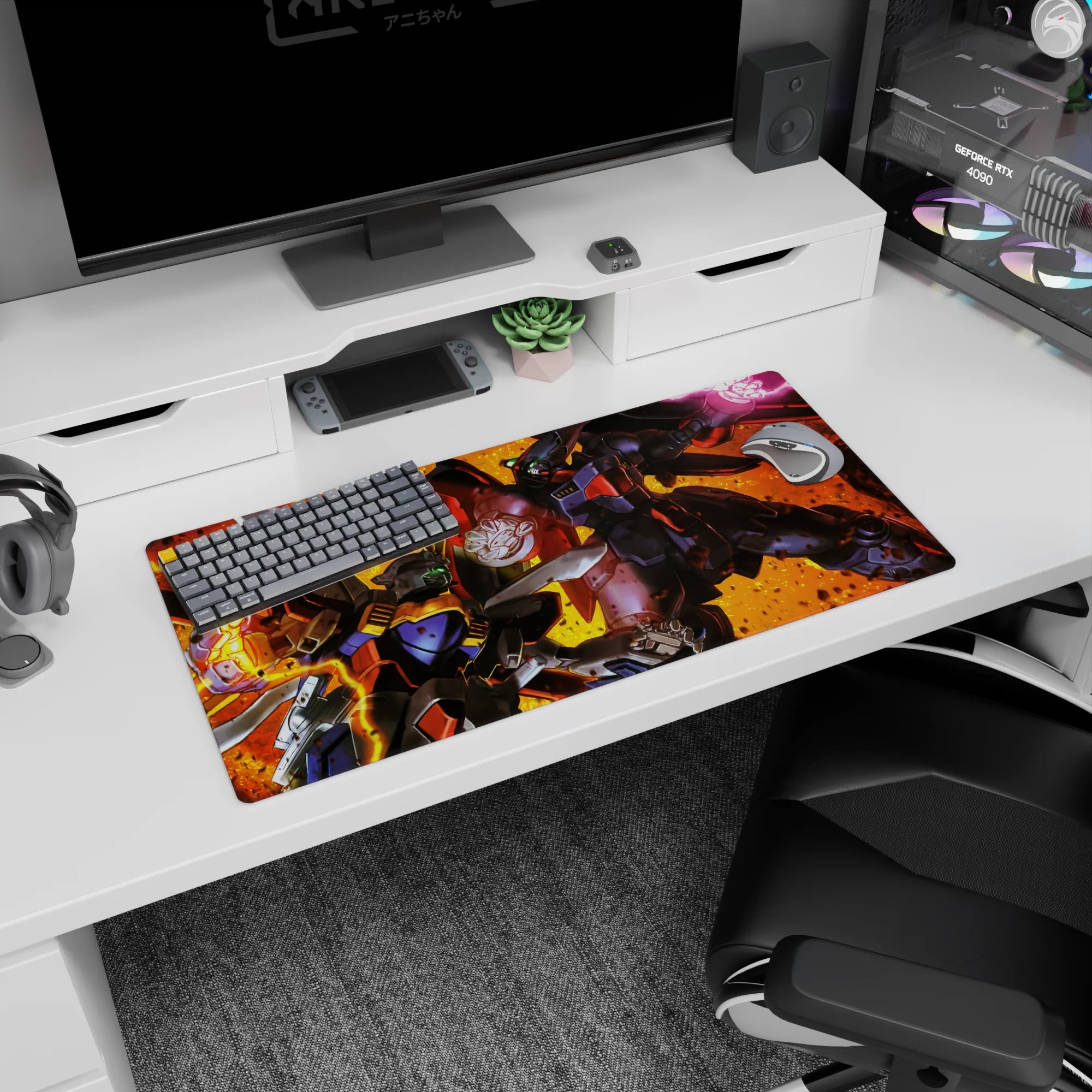 32x16 inches Mobile Suit Gundam mouse pad showing Gundam Deathscythe vs Heavyarms, sparks flying on impact.