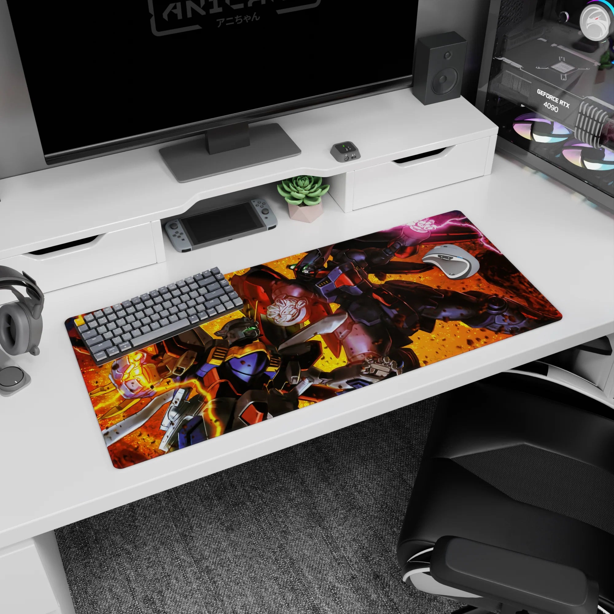 36x16 inches Mobile Suit Gundam desk pad featuring Deathscythe vs Heavyarms, sparks mid-impact.