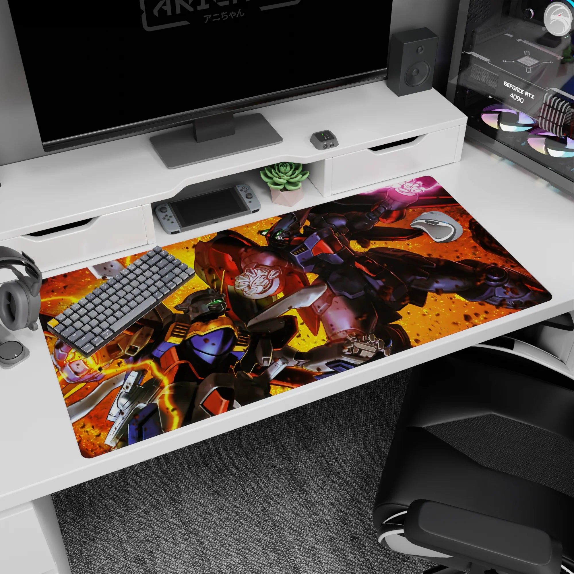 40x20 inches anime desk pad featuring Gundam Deathscythe vs Gundam Heavyarms, sparks flying mid-impact.