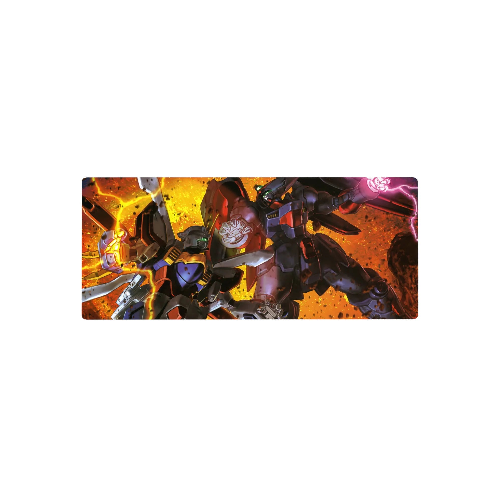 28x12 inches anime mouse pad with dynamic Gundam mech clash, bold shadows, clean edges, comic energy.