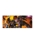 28x12 inches anime mouse pad with dynamic Gundam mech clash, bold shadows, clean edges, comic energy.
