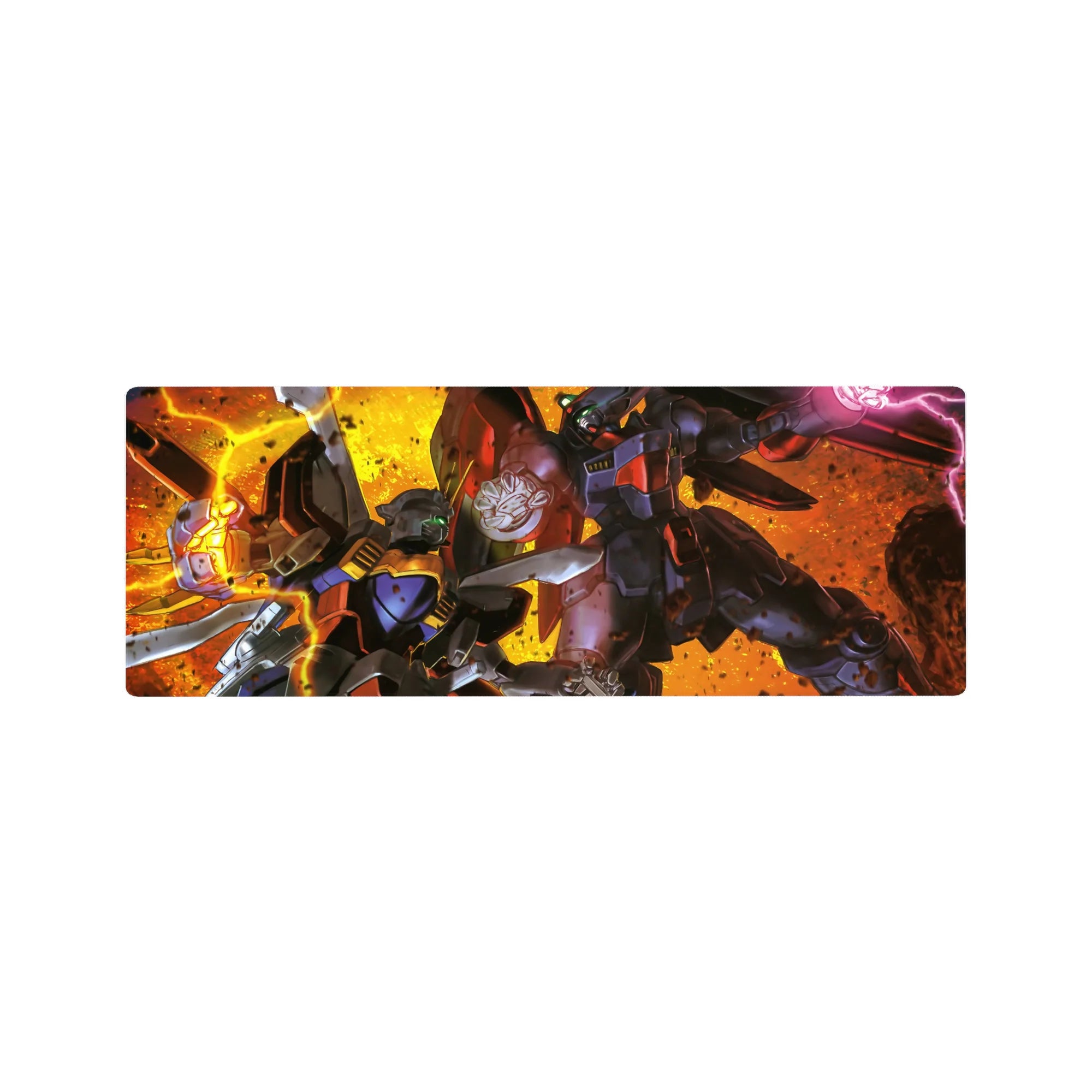 32x12 inches anime mouse pad with Gundam battle art, clean edges, bold shadows, comic energy.