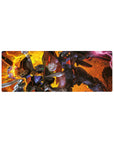 32x12 inches anime mouse pad with Gundam battle art, clean edges, bold shadows, comic energy.