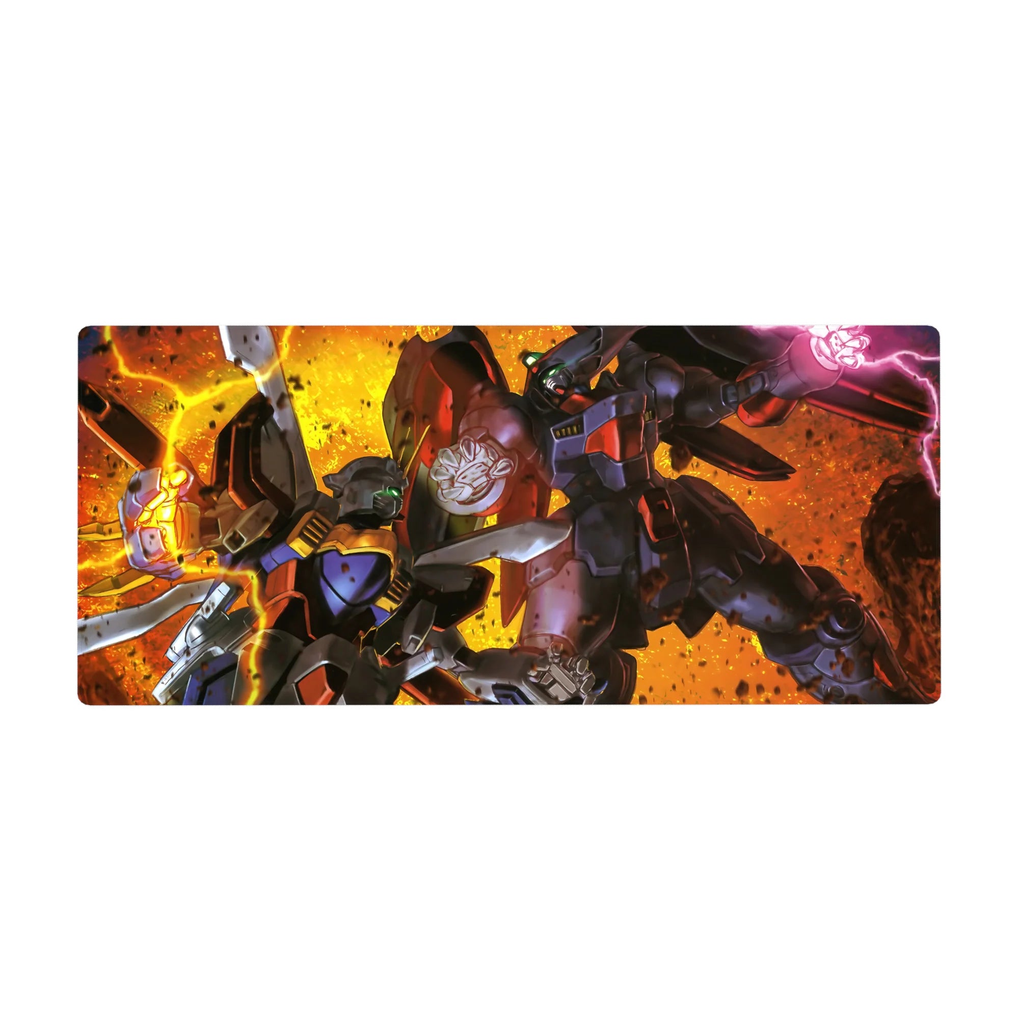 36x16 inches anime desk pad with Gundam mecha clash, bold comic shadows and clean edges.