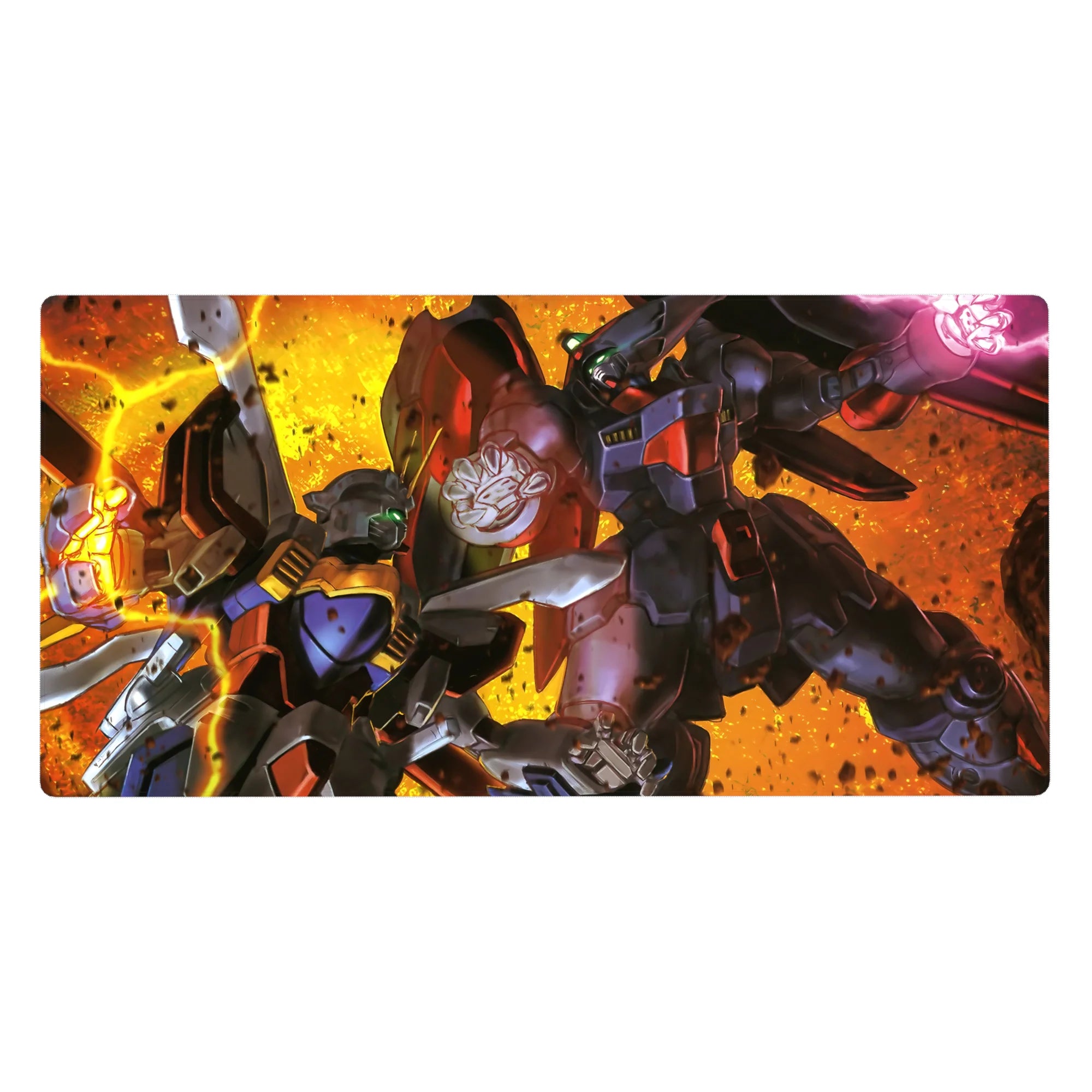 40x20 inches anime desk pad with Gundam mecha clash, bold comic shadows, clean edges, action impact.