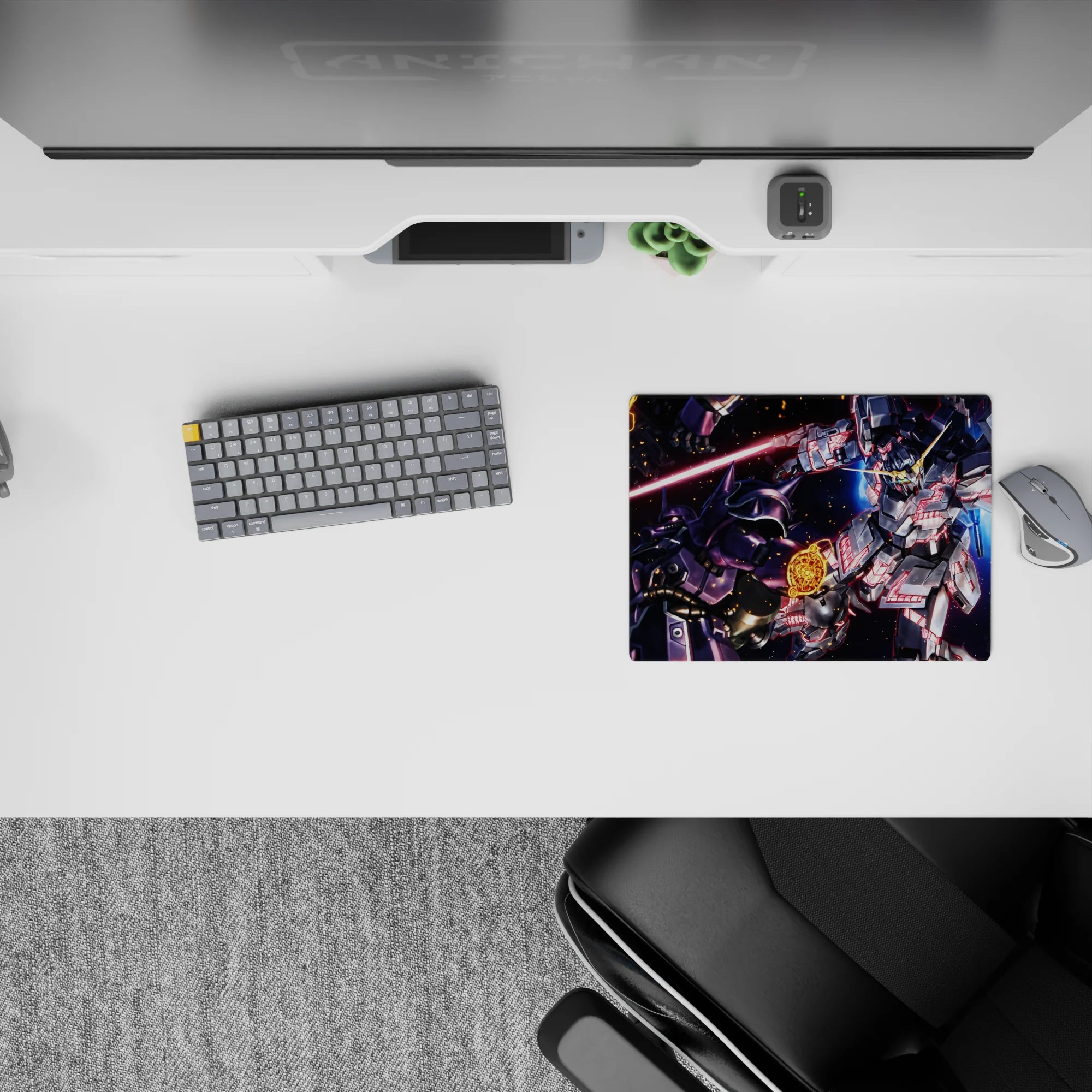 14x10 inches anime mouse pad in steel gray with neon pink lines, deep-space blues, sparks, gritty vibe.
