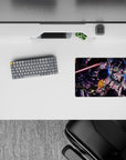 14x10 inches anime mouse pad in steel gray with neon pink lines, deep-space blues, sparks, gritty vibe.