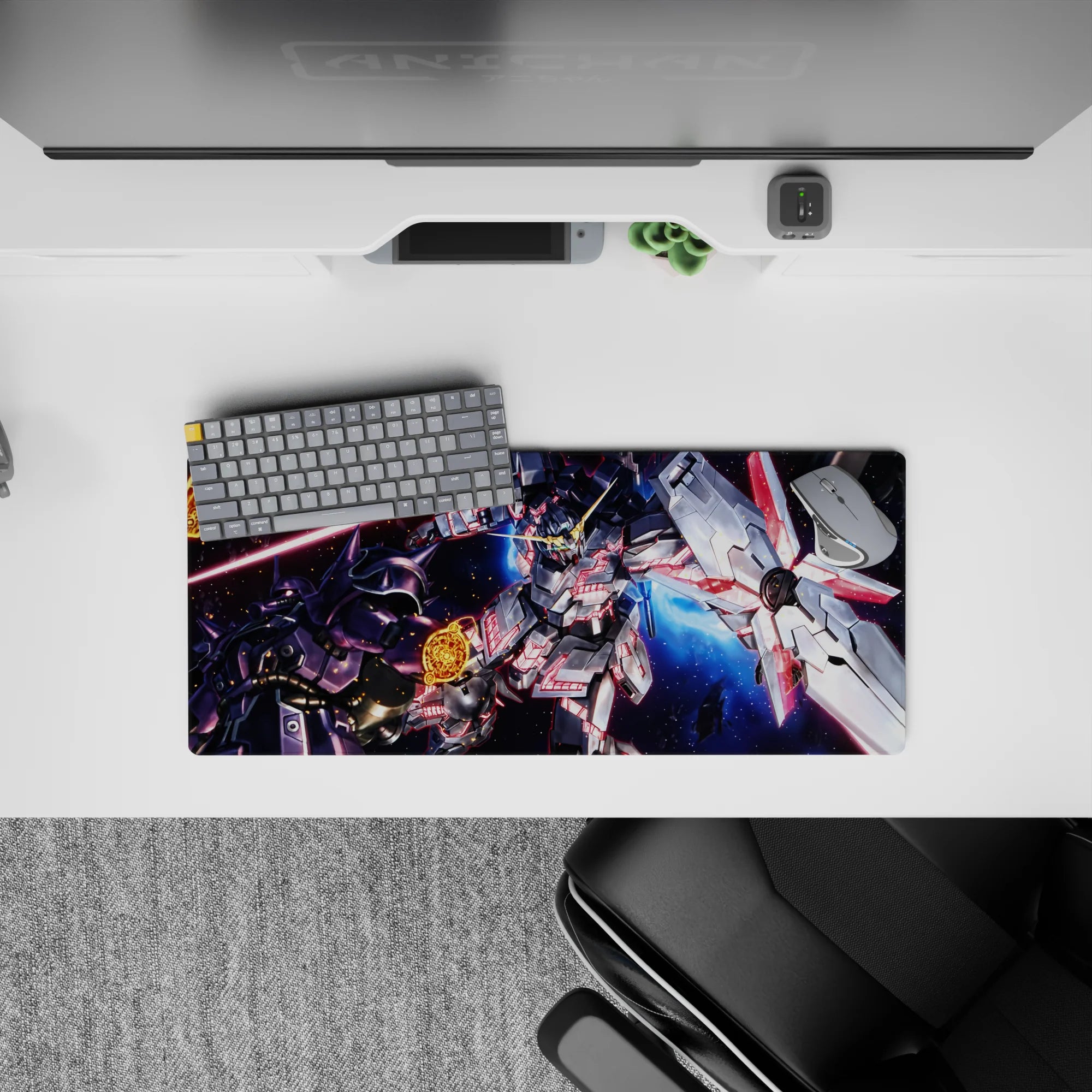 28x12 inches anime mouse pad in steel gray and deep-space blue with neon pink lines and flying sparks.