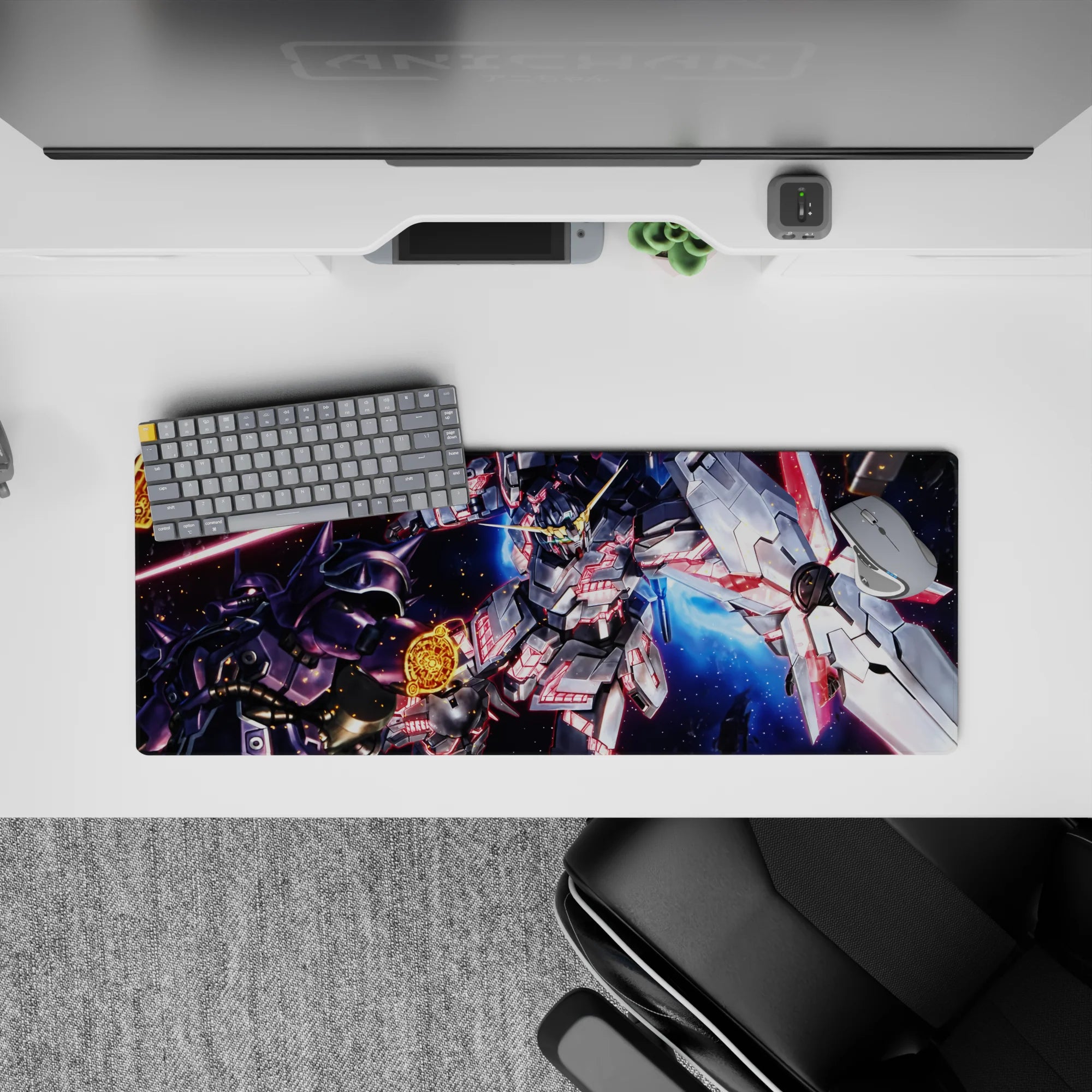 32x12 inches anime mouse pad in steel gray with neon pink lines, deep-space blues, sparks.