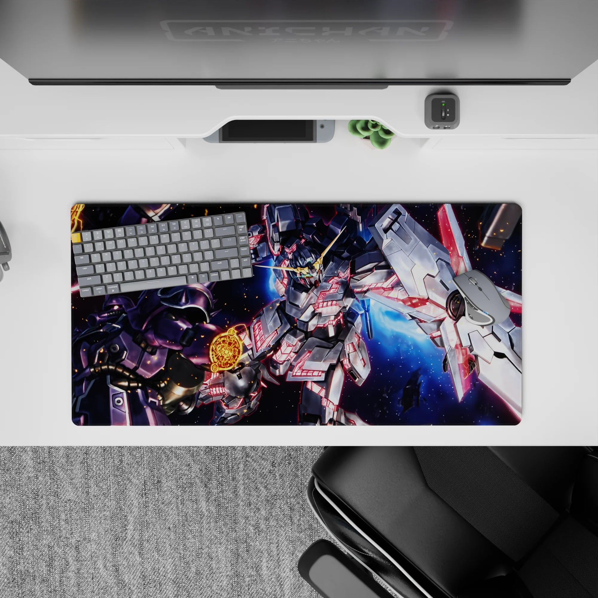 32x16 inches anime mouse pad in steel gray and deep-space blue with neon pink lines and sparks.