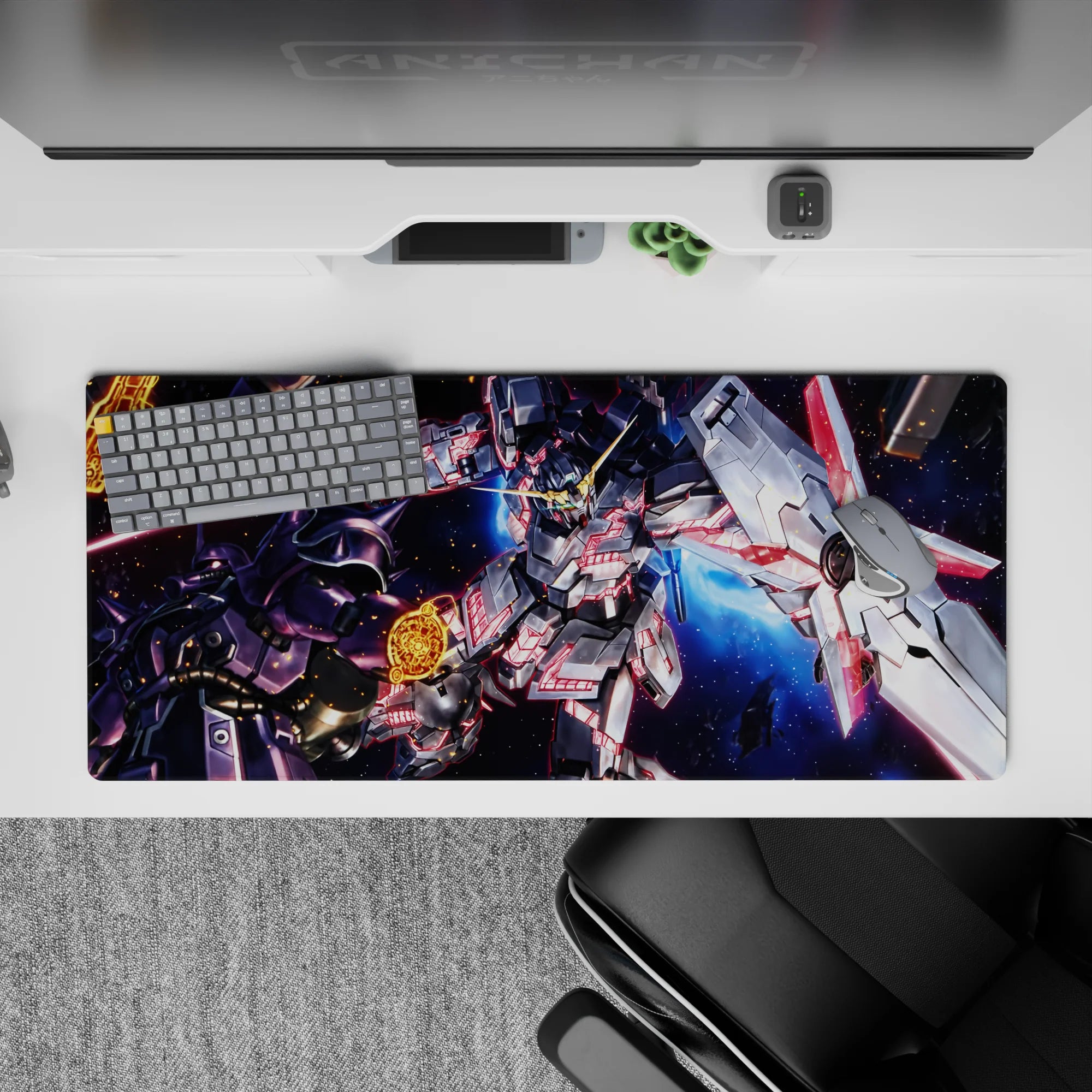 36x16 inches anime desk pad in steel gray, neon pink lines, deep-space blues, sparks, late-night grind vibe.