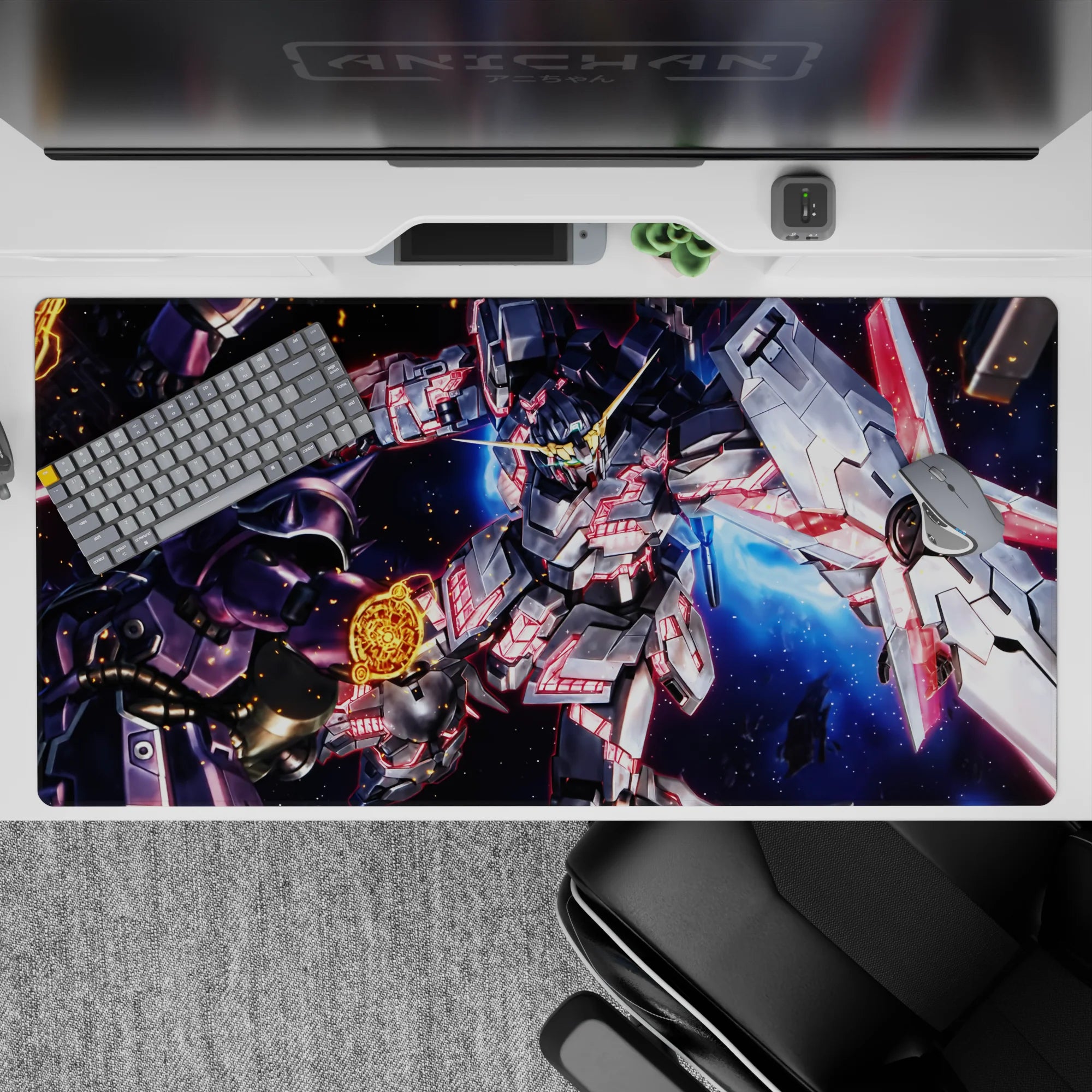 40x20 inches anime desk pad in steel gray with neon pink psycho-frame lines, deep-space blue, sparks.