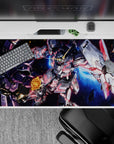 40x20 inches anime desk pad in steel gray with neon pink psycho-frame lines, deep-space blue, sparks.