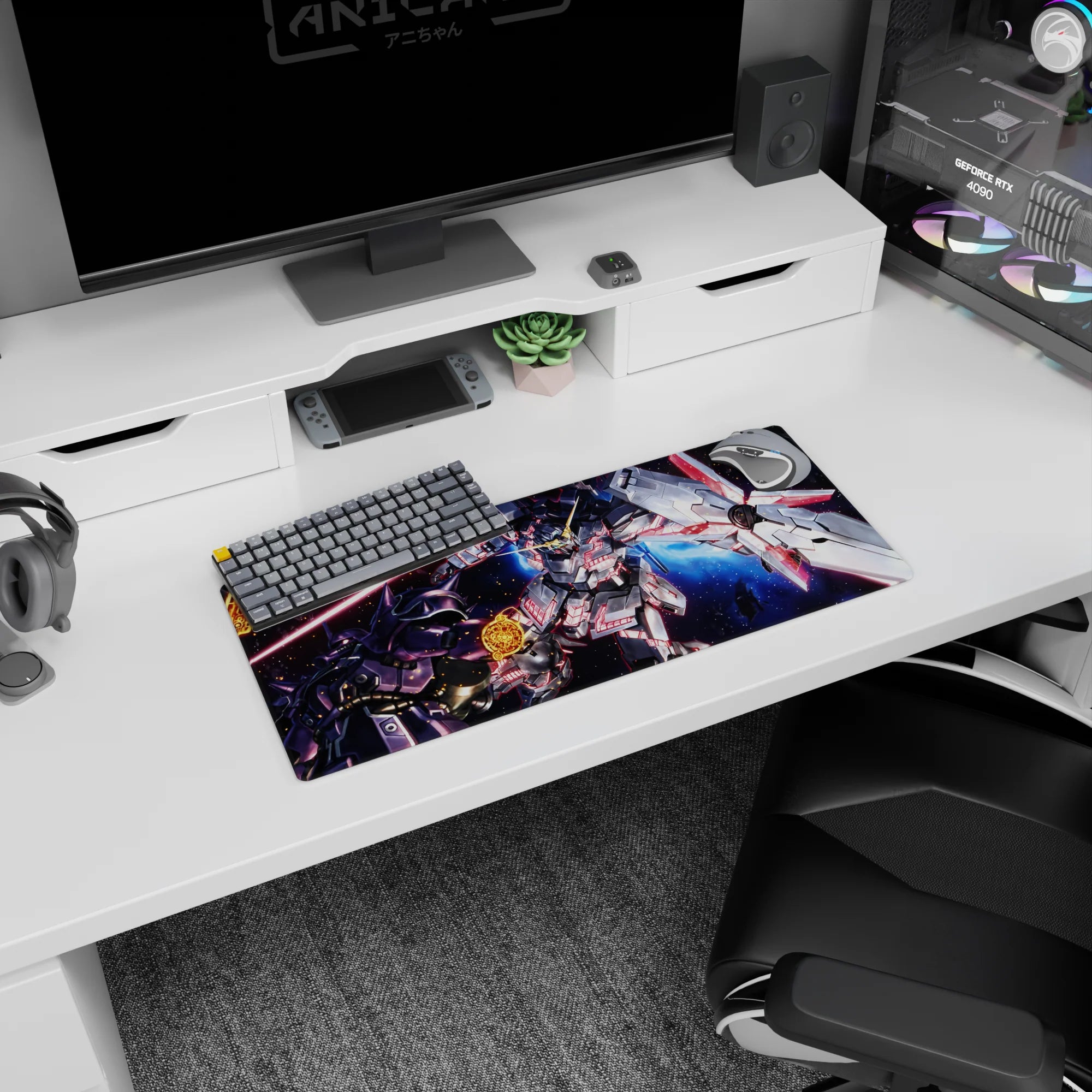 28x12 inches anime mouse pad showing Unicorn Gundam Destroy Mode clashing with the dark Kshatriya.