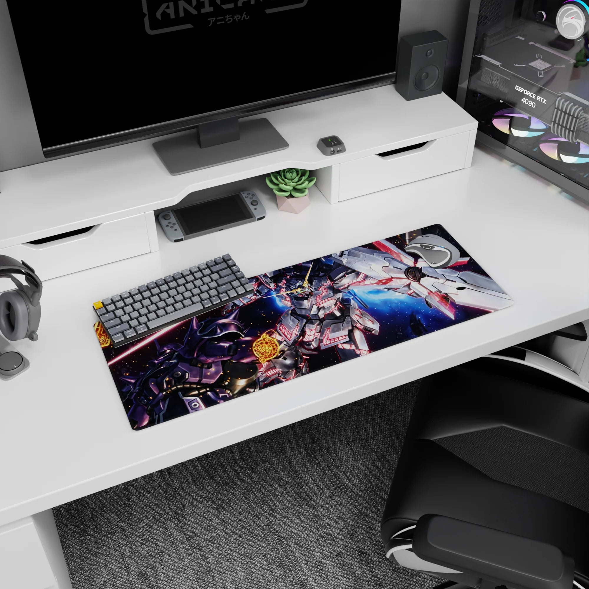32x12 inches anime mouse pad showing Unicorn Gundam Destroy Mode clashing with Kshatriya in space.