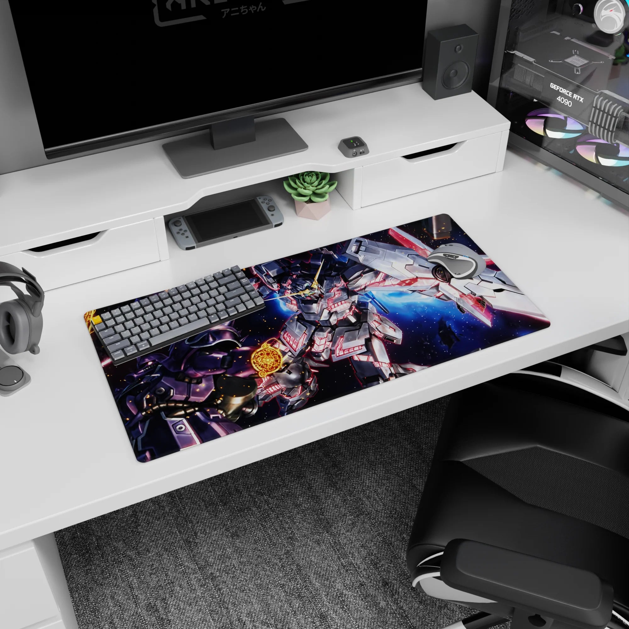 32x16 inches Unicorn Gundam (Destroy Mode) vs Kshatriya anime mouse pad, psycho-frame glow fight scene.