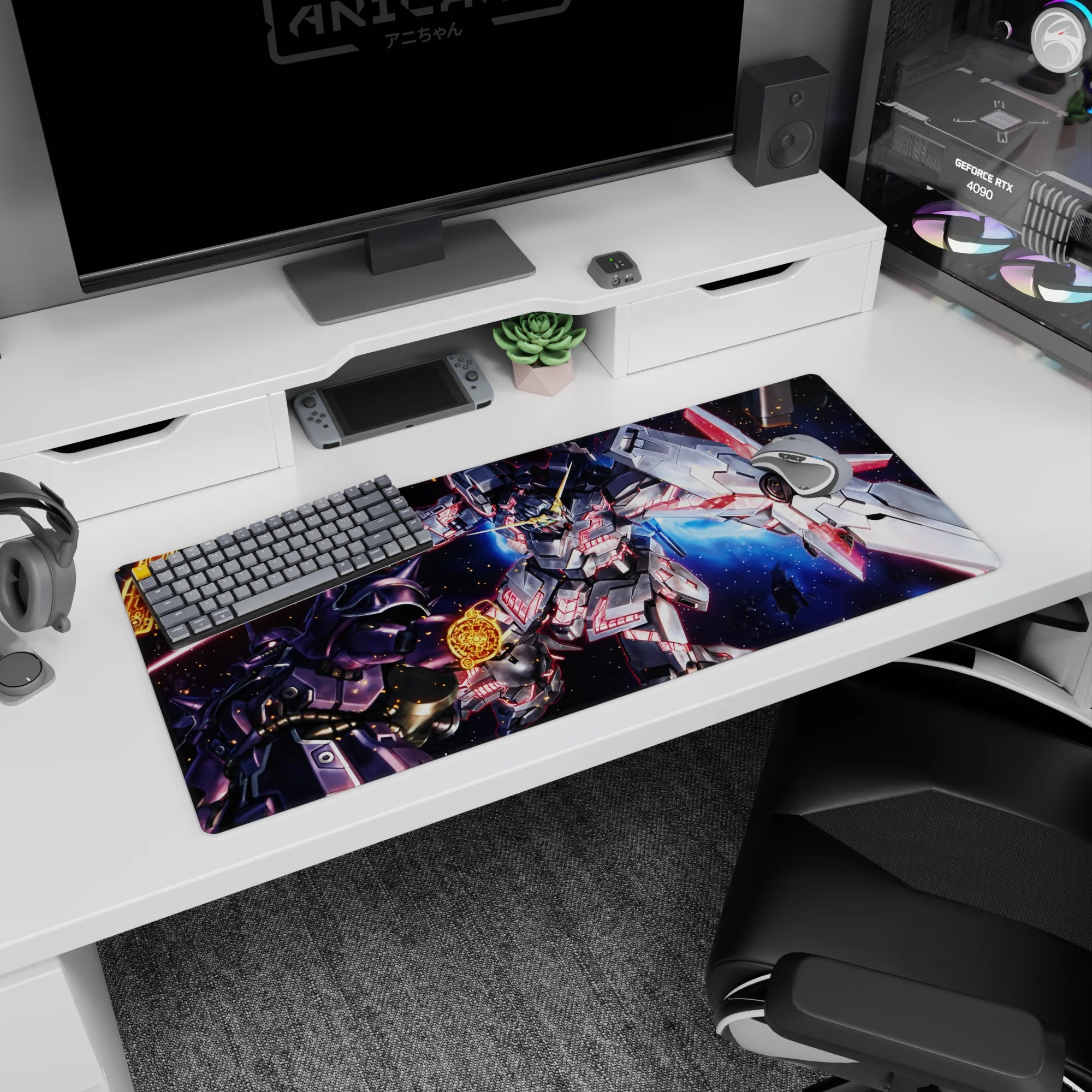 36x16 inches desk pad featuring Unicorn Gundam Destroy Mode clashing with Kshatriya in a cosmic battlefield.