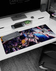 36x16 inches desk pad featuring Unicorn Gundam Destroy Mode clashing with Kshatriya in a cosmic battlefield.