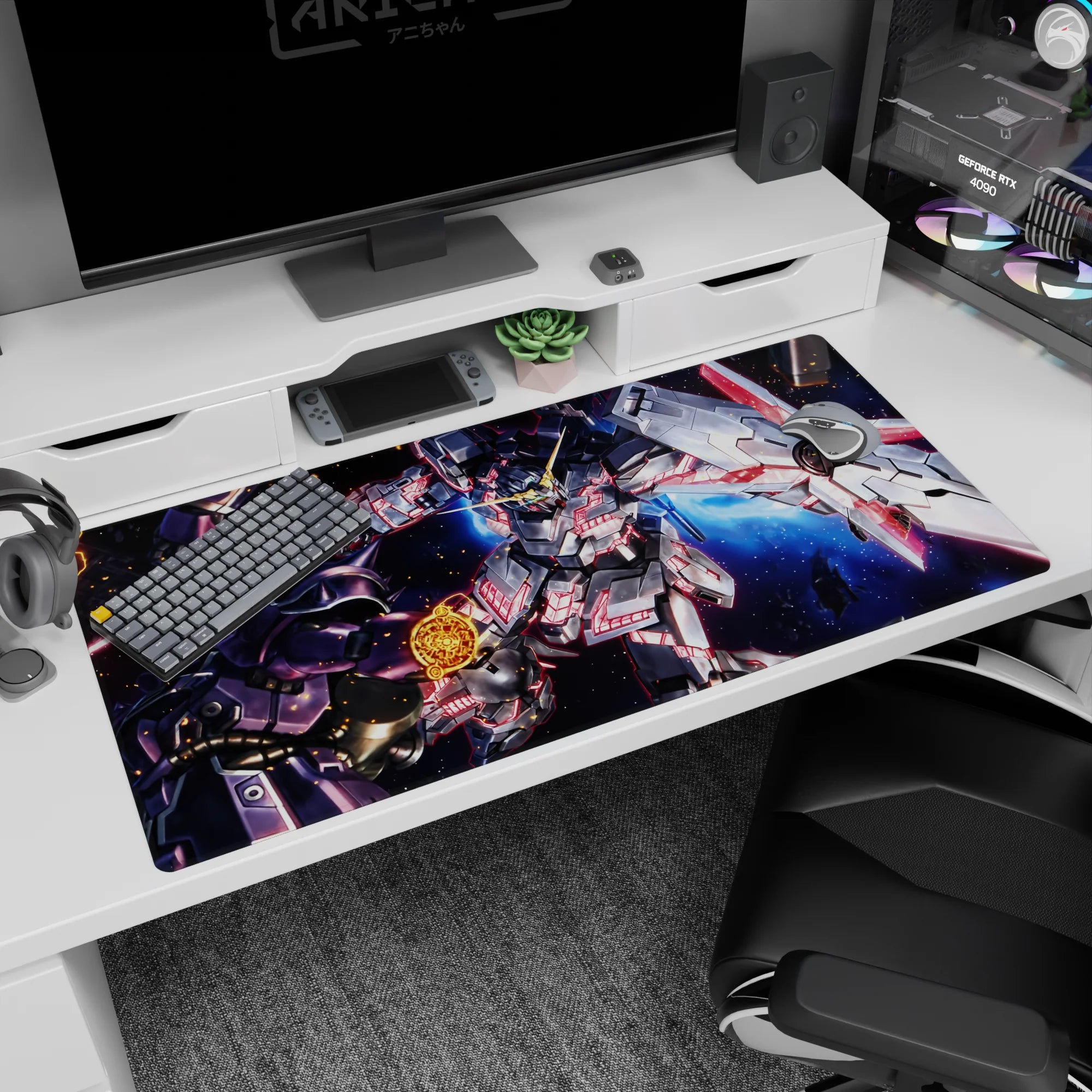 Mobile Suit Gundam 40x20 inches desk pad showing Unicorn Gundam Destroy Mode clashing Kshatriya.