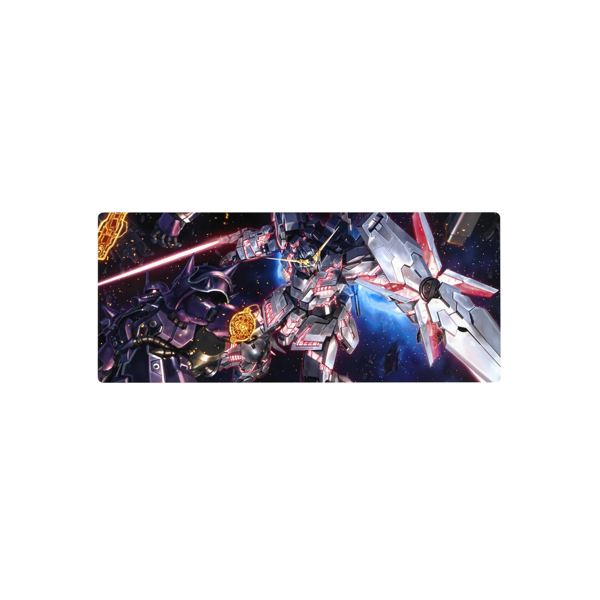 28x12 inches anime mouse pad with Unicorn Gundam vs Kshatriya battle art, neon psycho-frame details.
