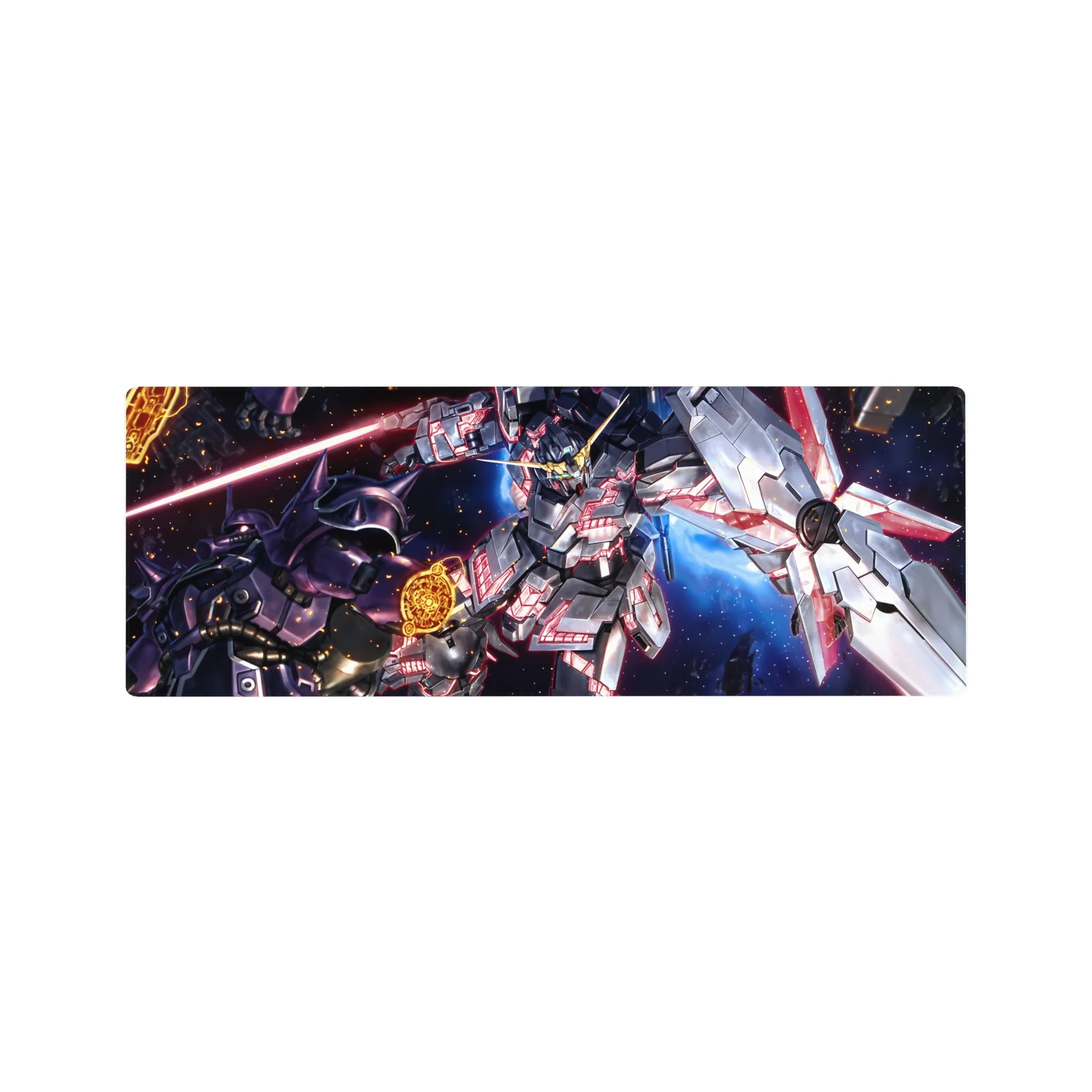 32x12 inches anime mouse pad with mecha battle art, Unicorn Gundam Destroy Mode vs Kshatriya.